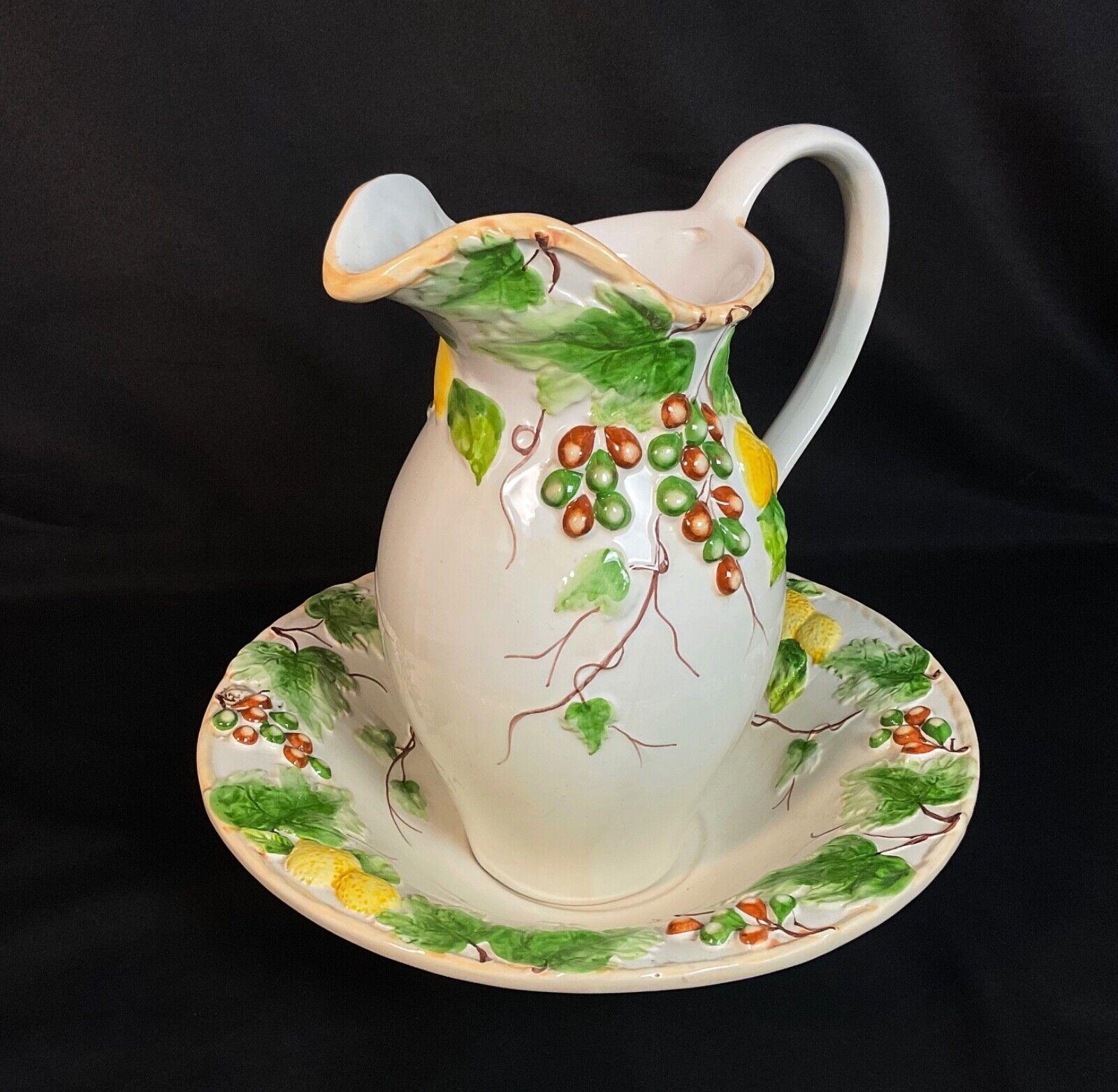 Vintage French Barbotine Earthenware Basin & Jug Set - 2Y587 For Sale 7