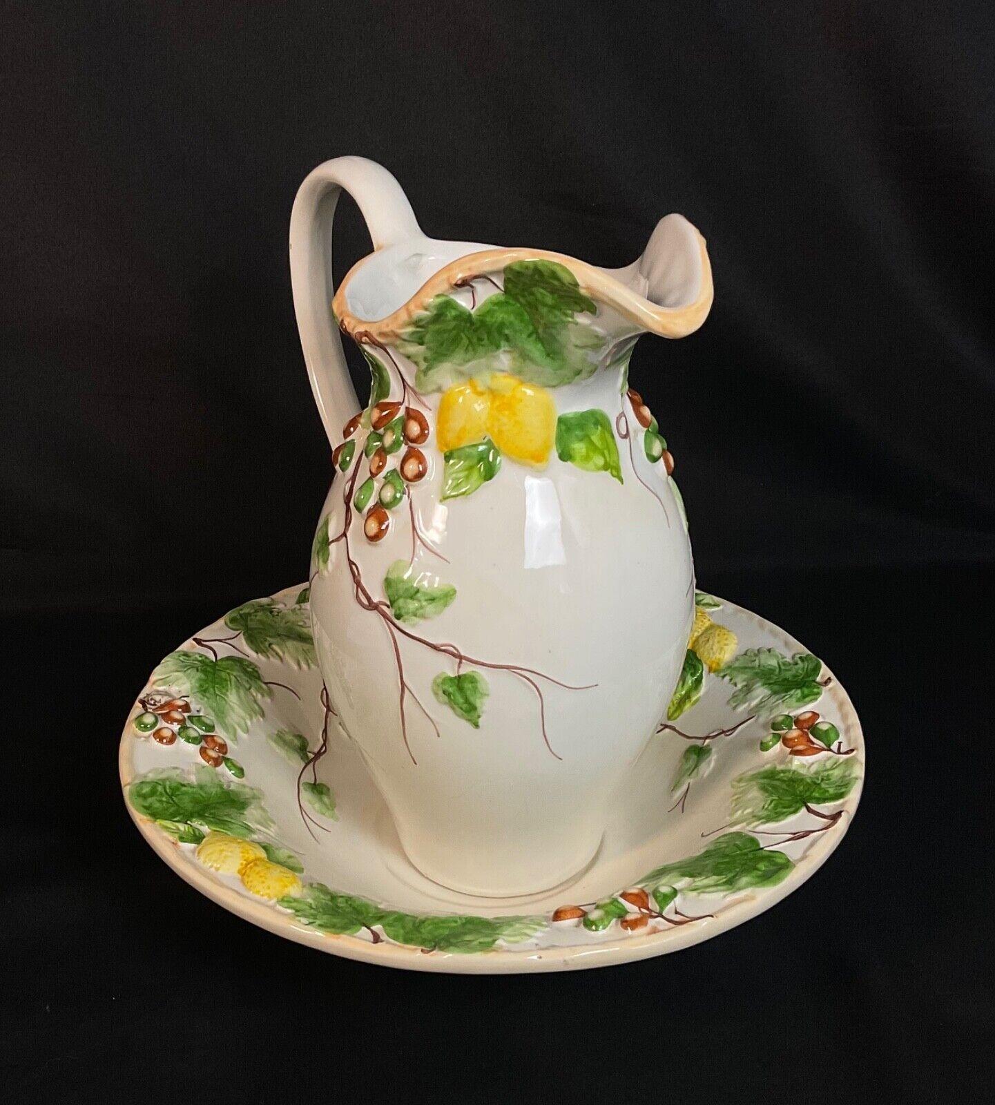 Vintage French Barbotine Earthenware Basin & Jug Set - 2Y587 For Sale 8