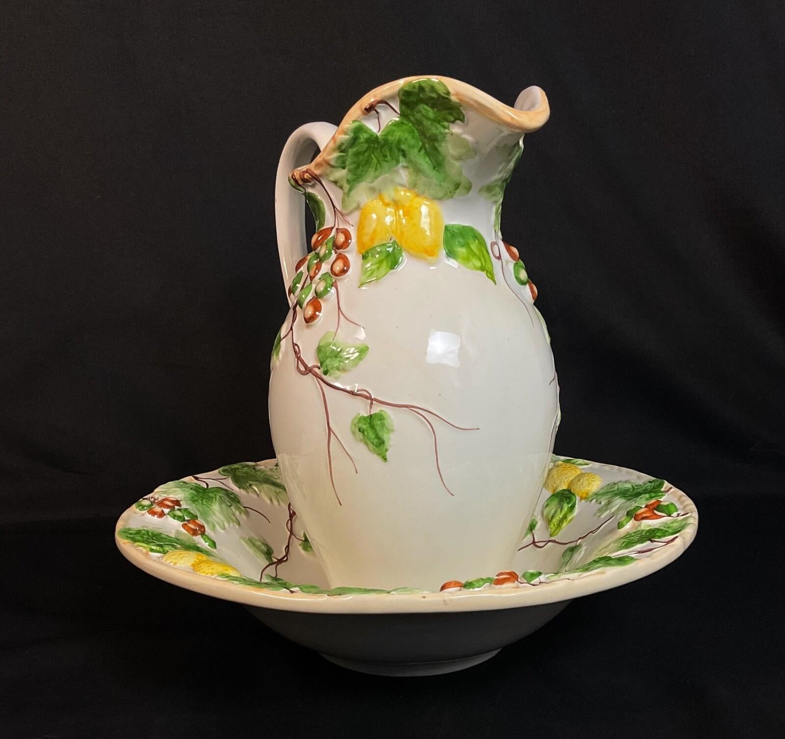 Vintage French Barbotine Earthenware Basin & Jug Set - 2Y587 For Sale 9
