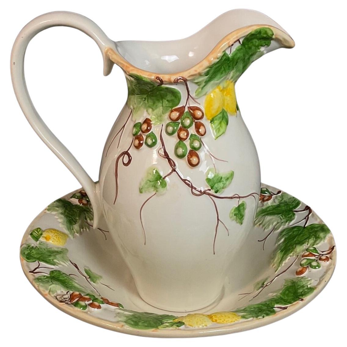 Vintage French Barbotine Earthenware Basin & Jug Set - 2Y587 For Sale
