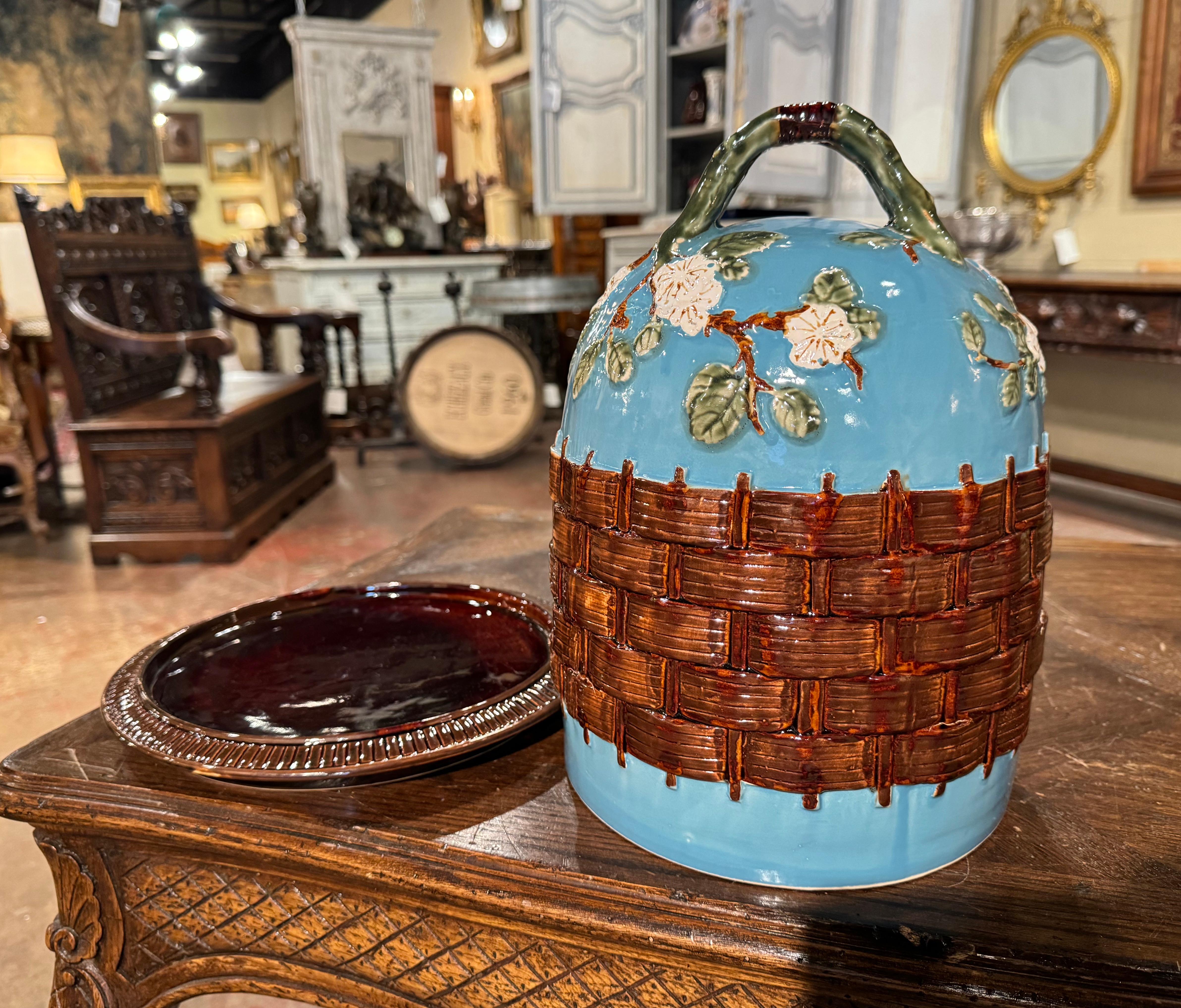 Hand-Crafted Vintage French Barbotine Faience Two-Piece Cheese Dome with Matching Tray For Sale