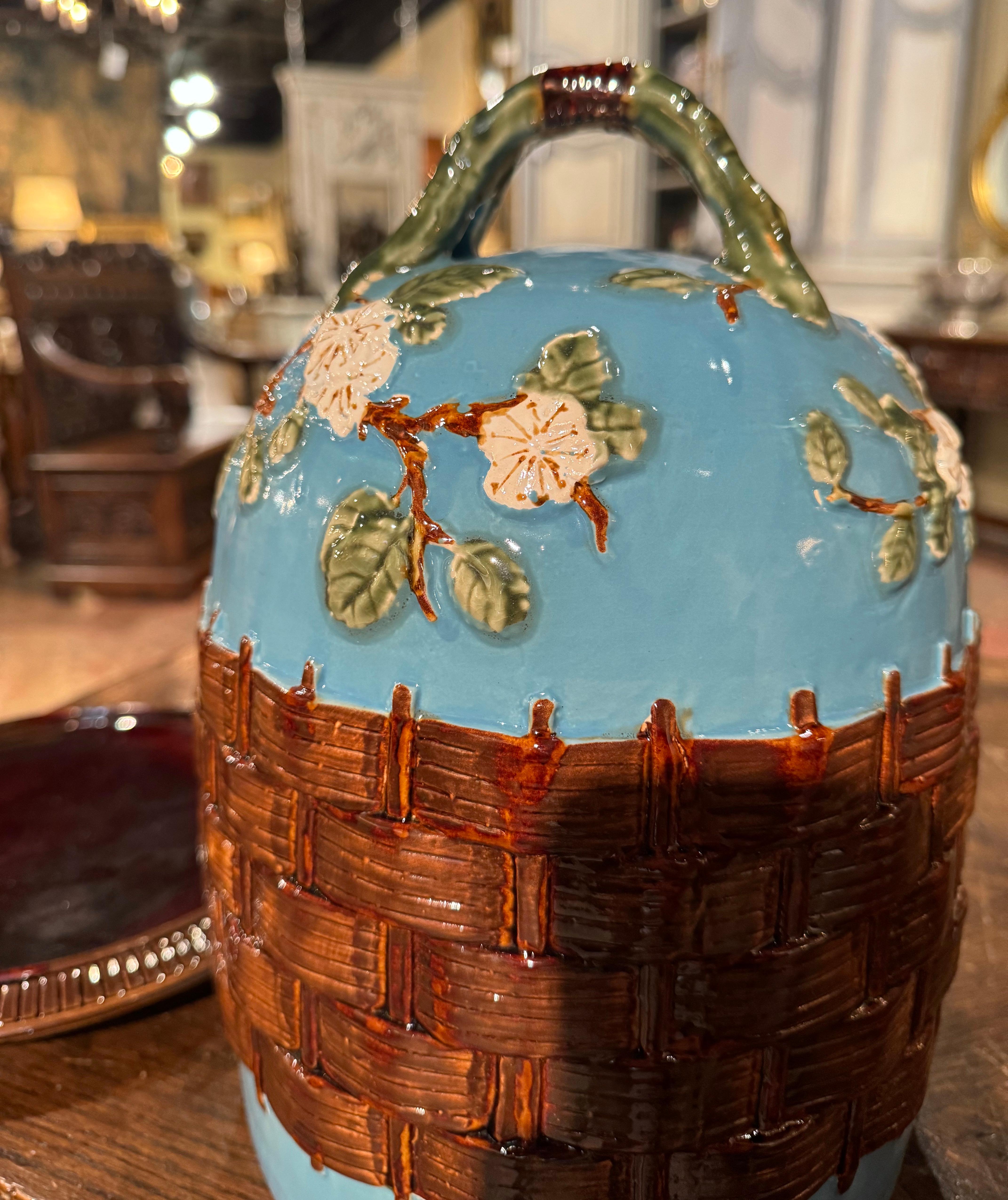 20th Century Vintage French Barbotine Faience Two-Piece Cheese Dome with Matching Tray For Sale