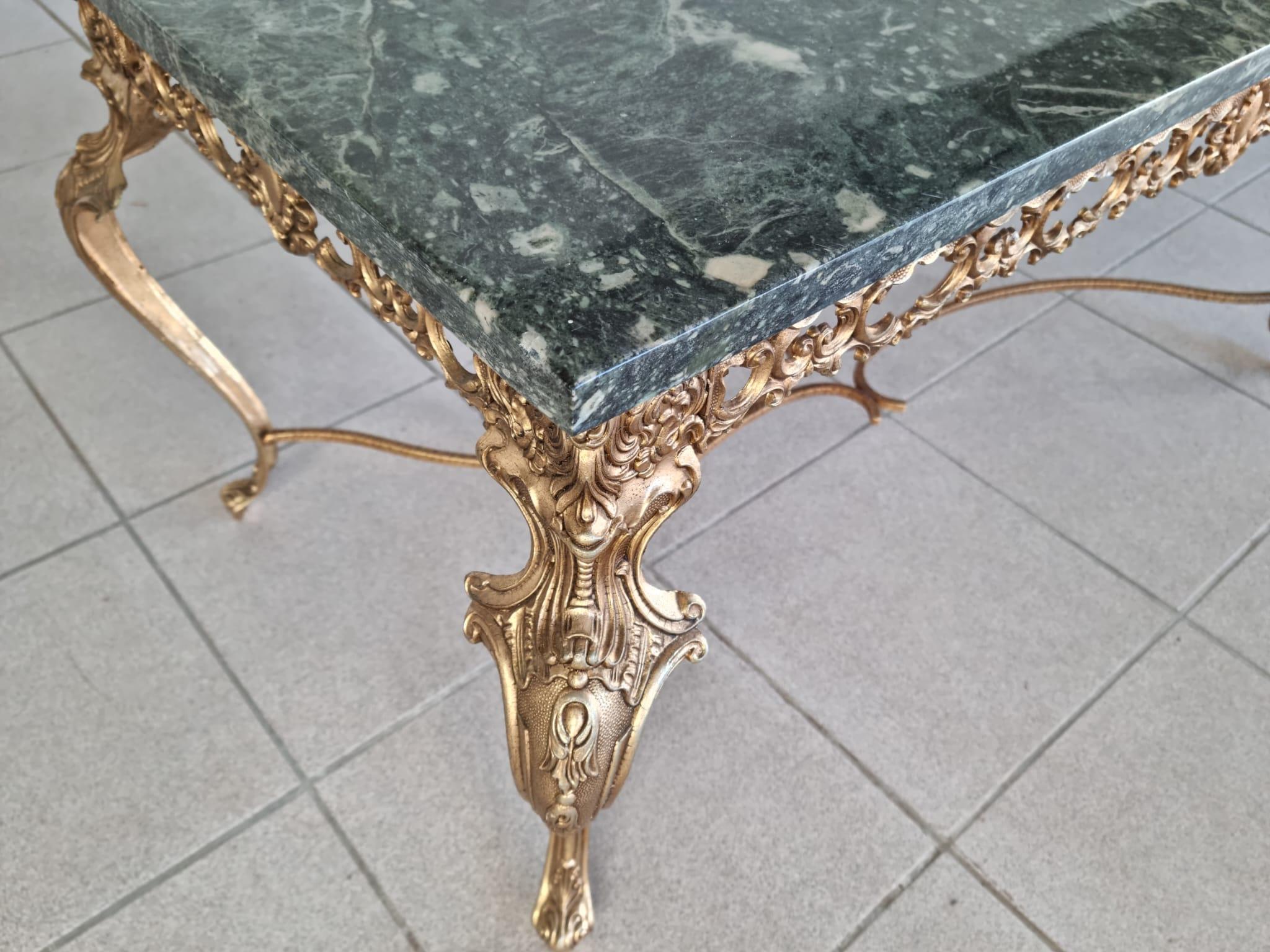 Vintage French Baroque Gilt Brass and Green Marble Coffee Side Table 6