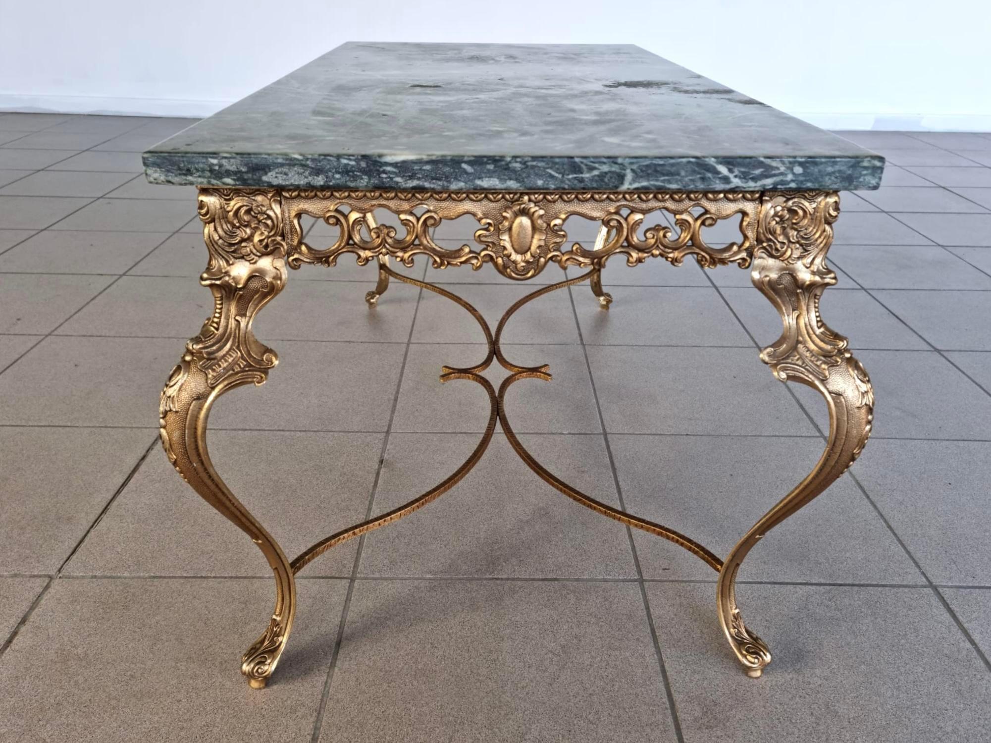 Vintage French Baroque Gilt Brass and Green Marble Coffee Side Table 7