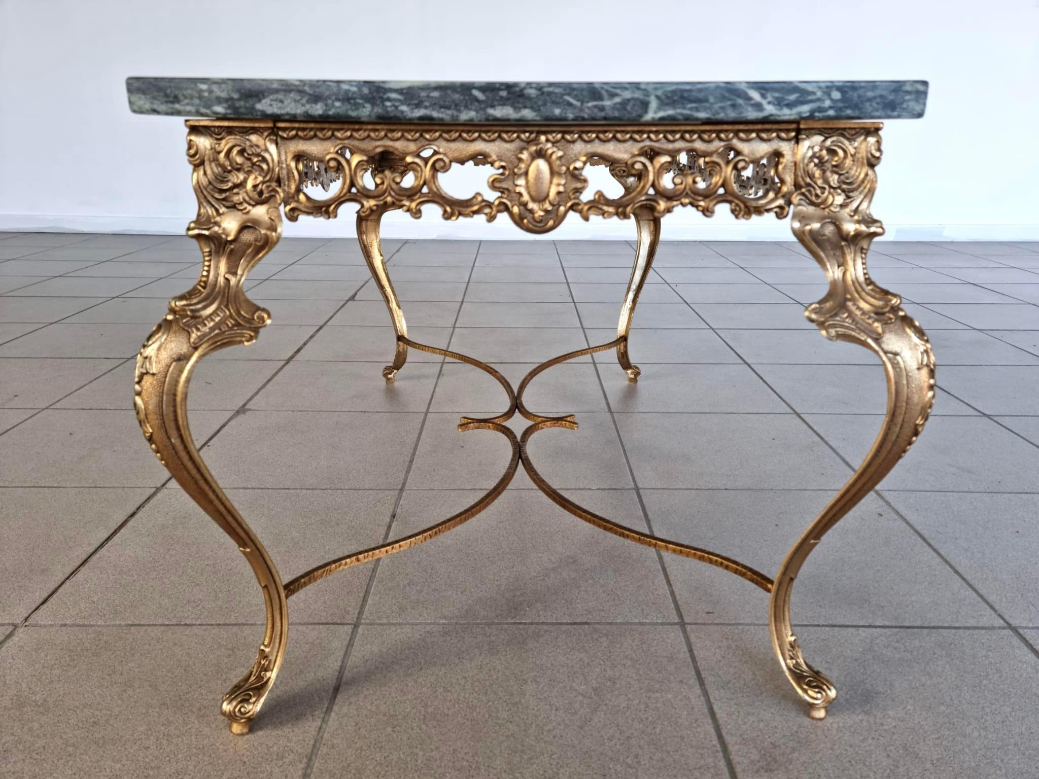 Vintage French Baroque Gilt Brass and Green Marble Coffee Side Table 8
