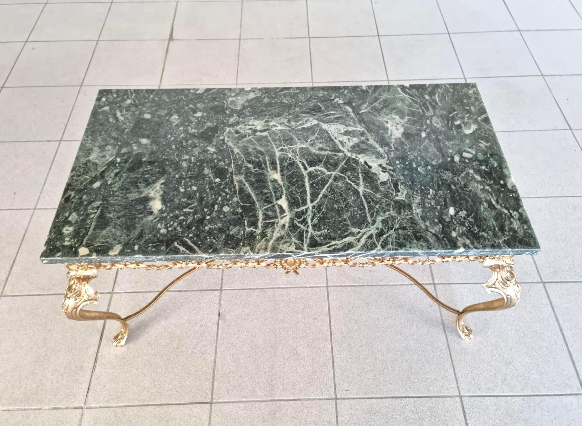 20th Century Vintage French Baroque Gilt Brass and Green Marble Coffee Side Table