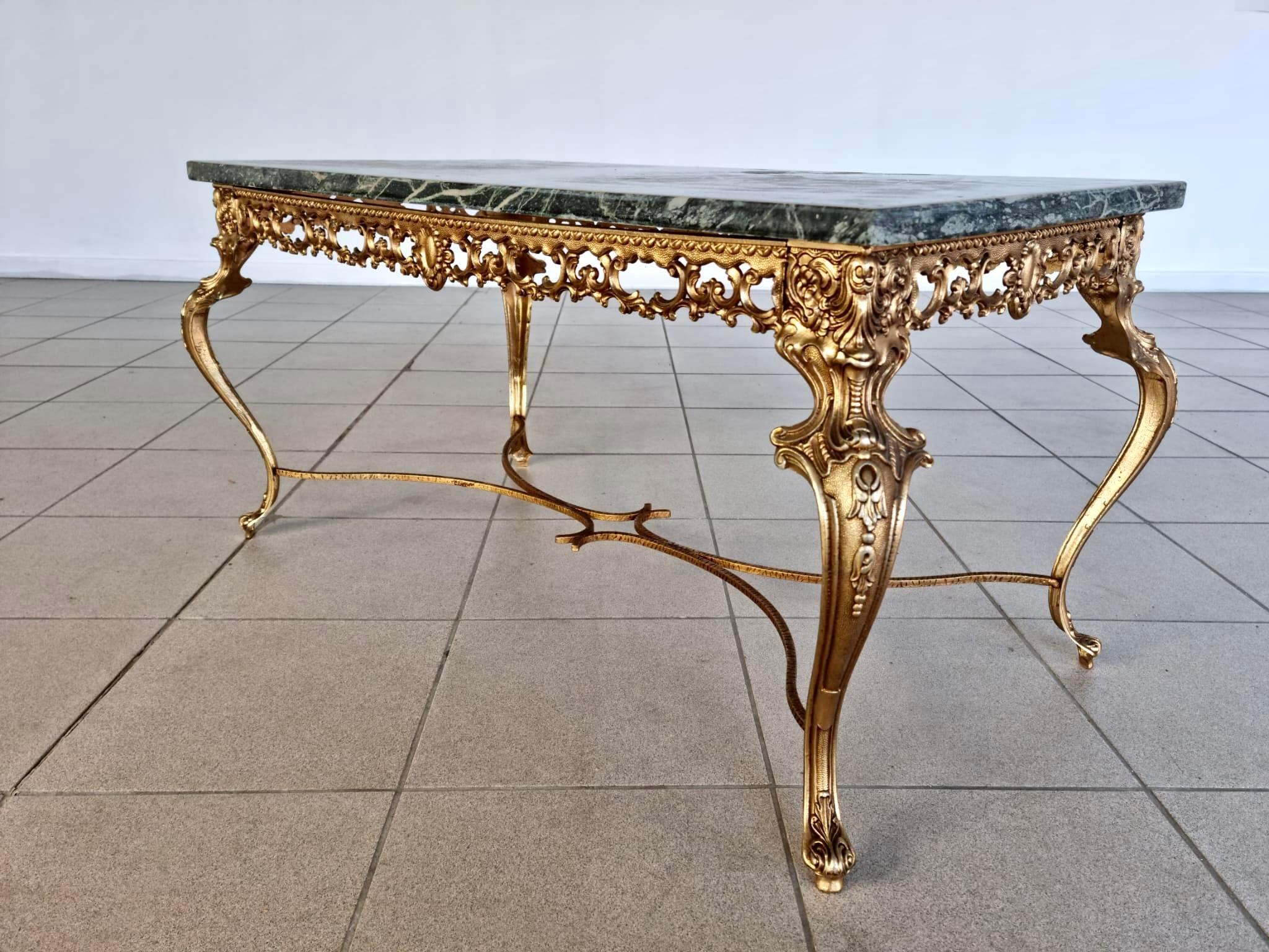 Vintage French Baroque Gilt Brass and Green Marble Coffee Side Table 4