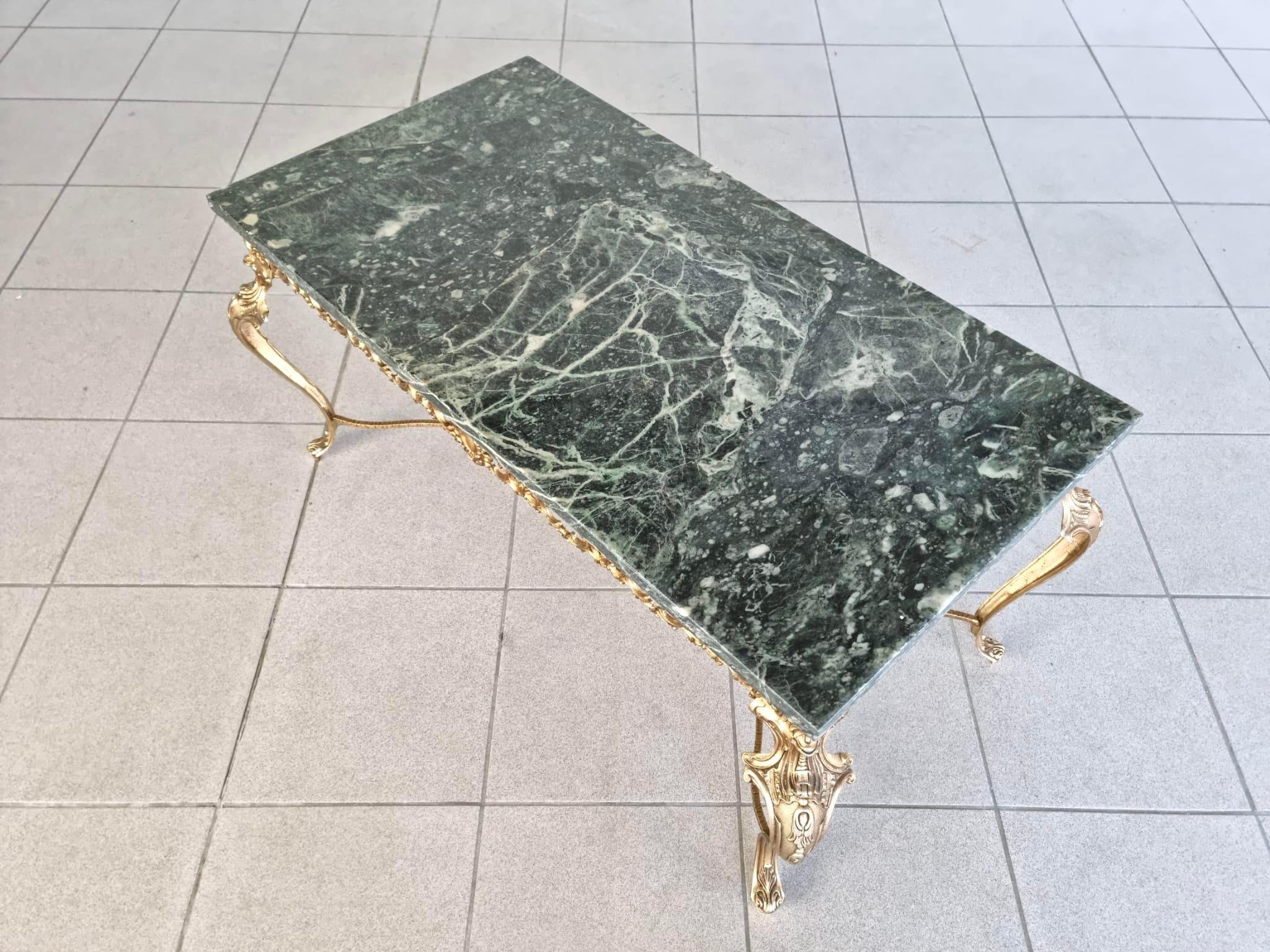 Vintage French Baroque Gilt Brass and Green Marble Coffee Side Table 5