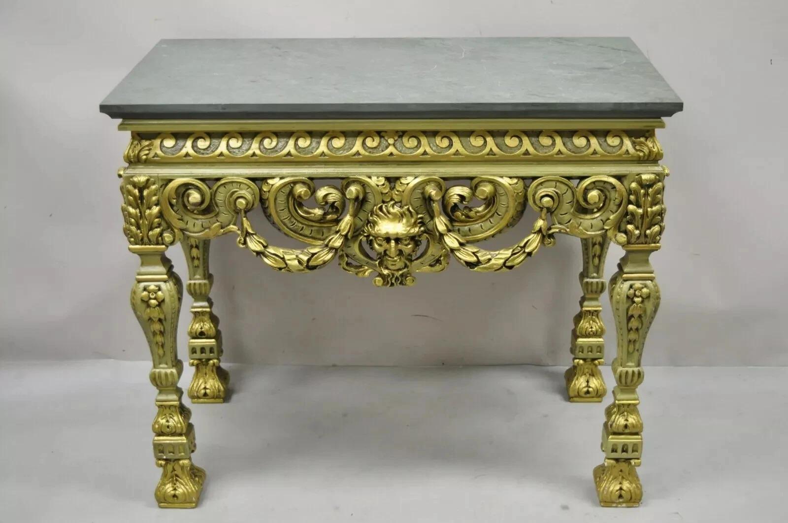 Tavolo da console barocco francese d'epoca in Greene & Greene & Greene dorato con figure intagliate e piano in ardesia in vendita 5