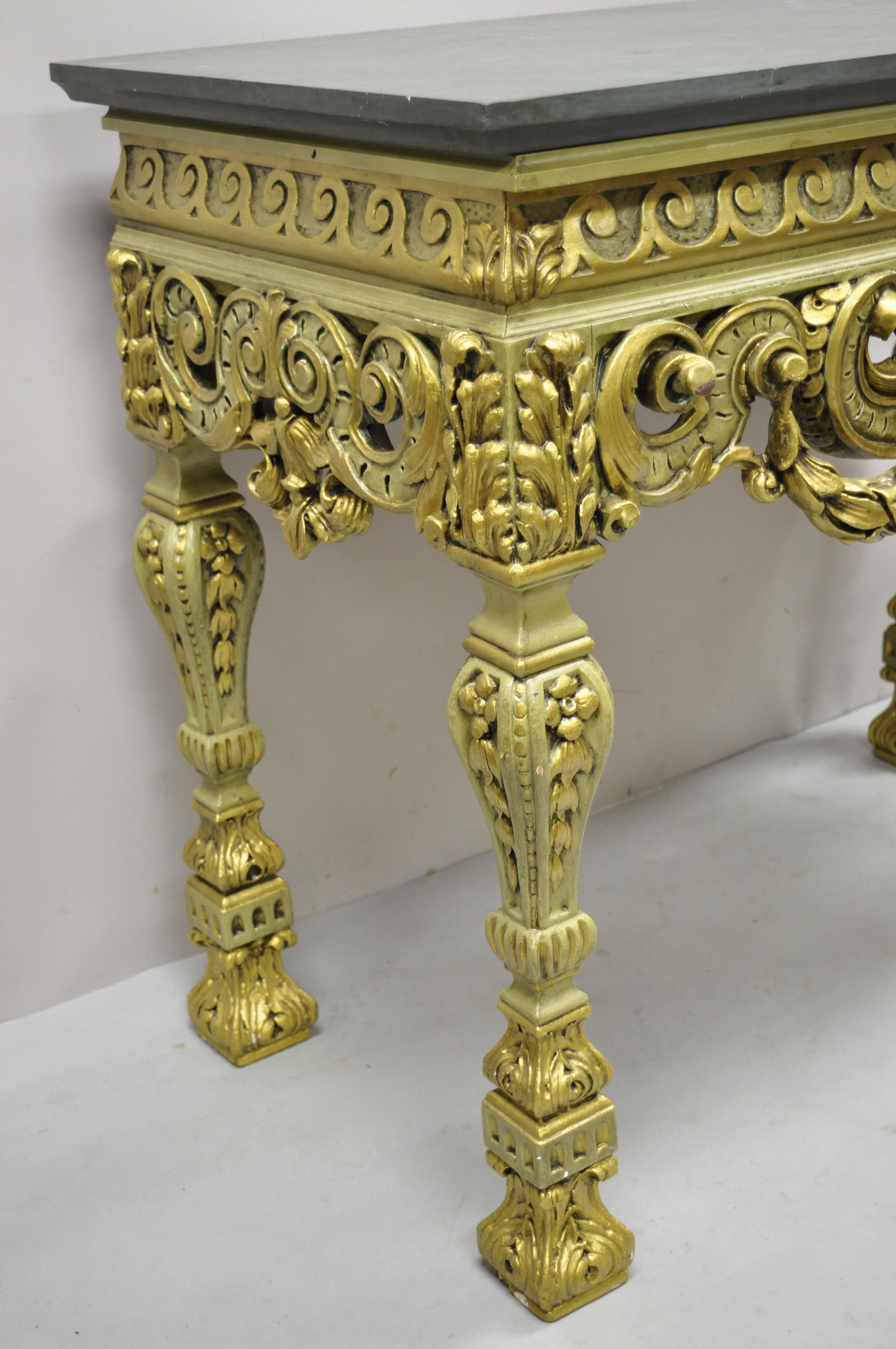 Vintage French Baroque Green Gold Gilt Figural Carved Slate Top Console Table In Good Condition For Sale In Philadelphia, PA