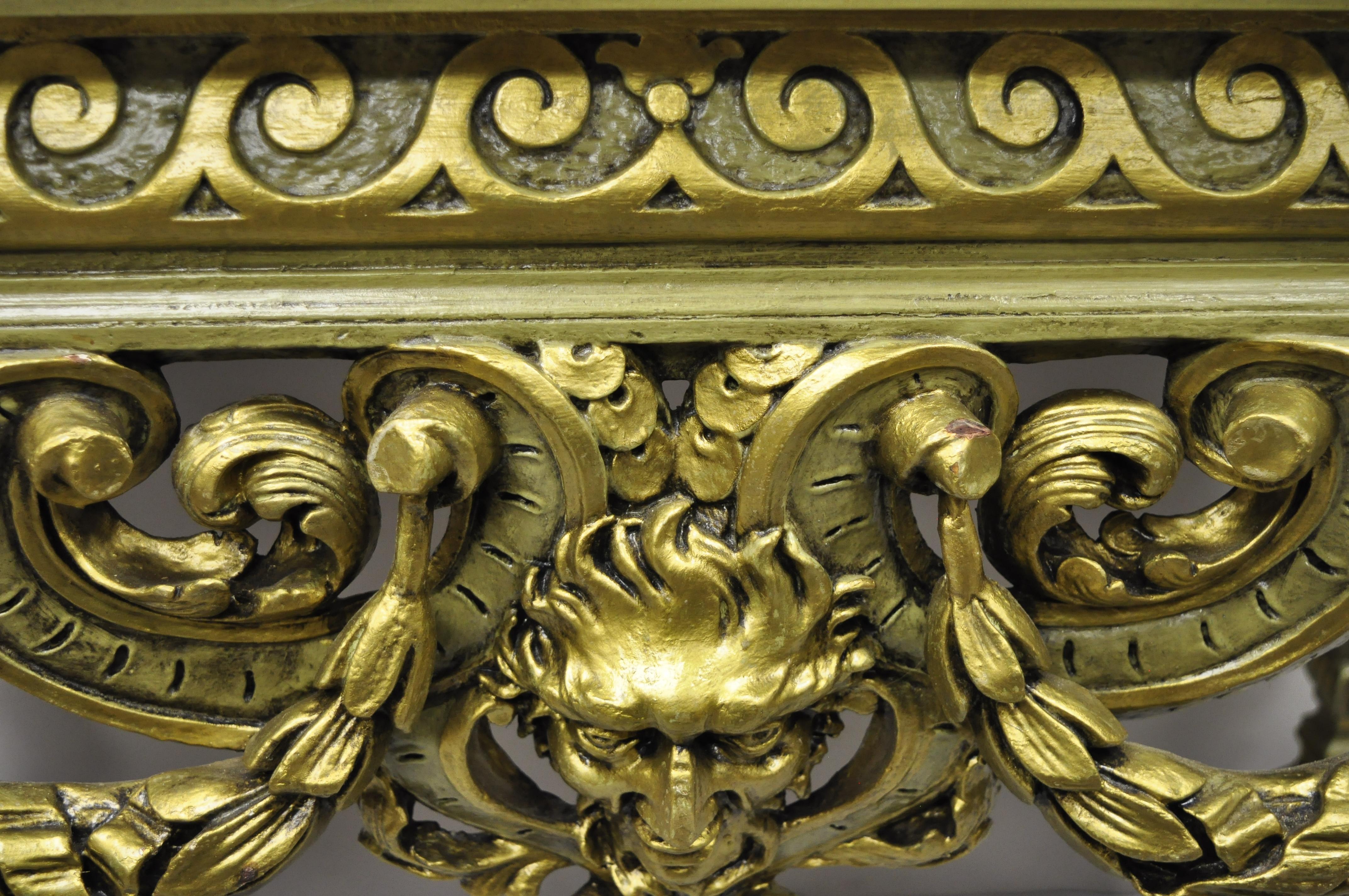 Vintage French Baroque Green Gold Gilt Figural Carved Slate Top Console Table For Sale 2