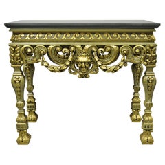 Vintage French Baroque Green Gold Gilt Figural Carved Slate Top Console Table
