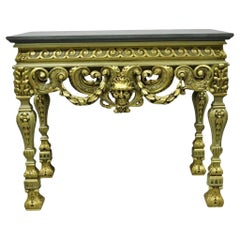 Vintage French Baroque Green Gold Gilt Figural Carved Slate Top Console Table