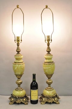 Vintage French Baroque Hollywood Regency Green Onyx Brass Table Lamps - a Pair