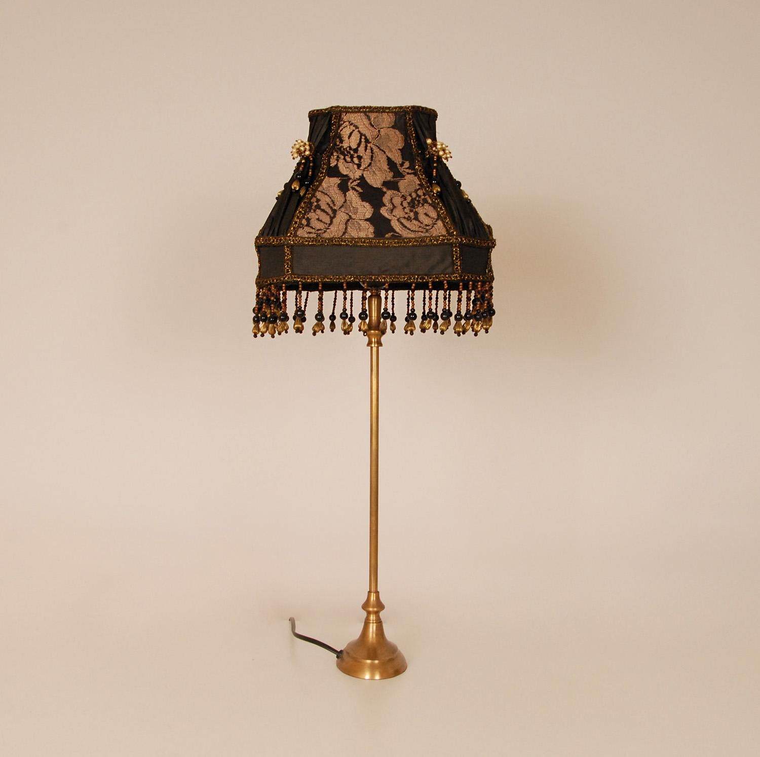 Metal Vintage French Baroque Lamp Fringed Beaded 1970s Gold and Black For Sale