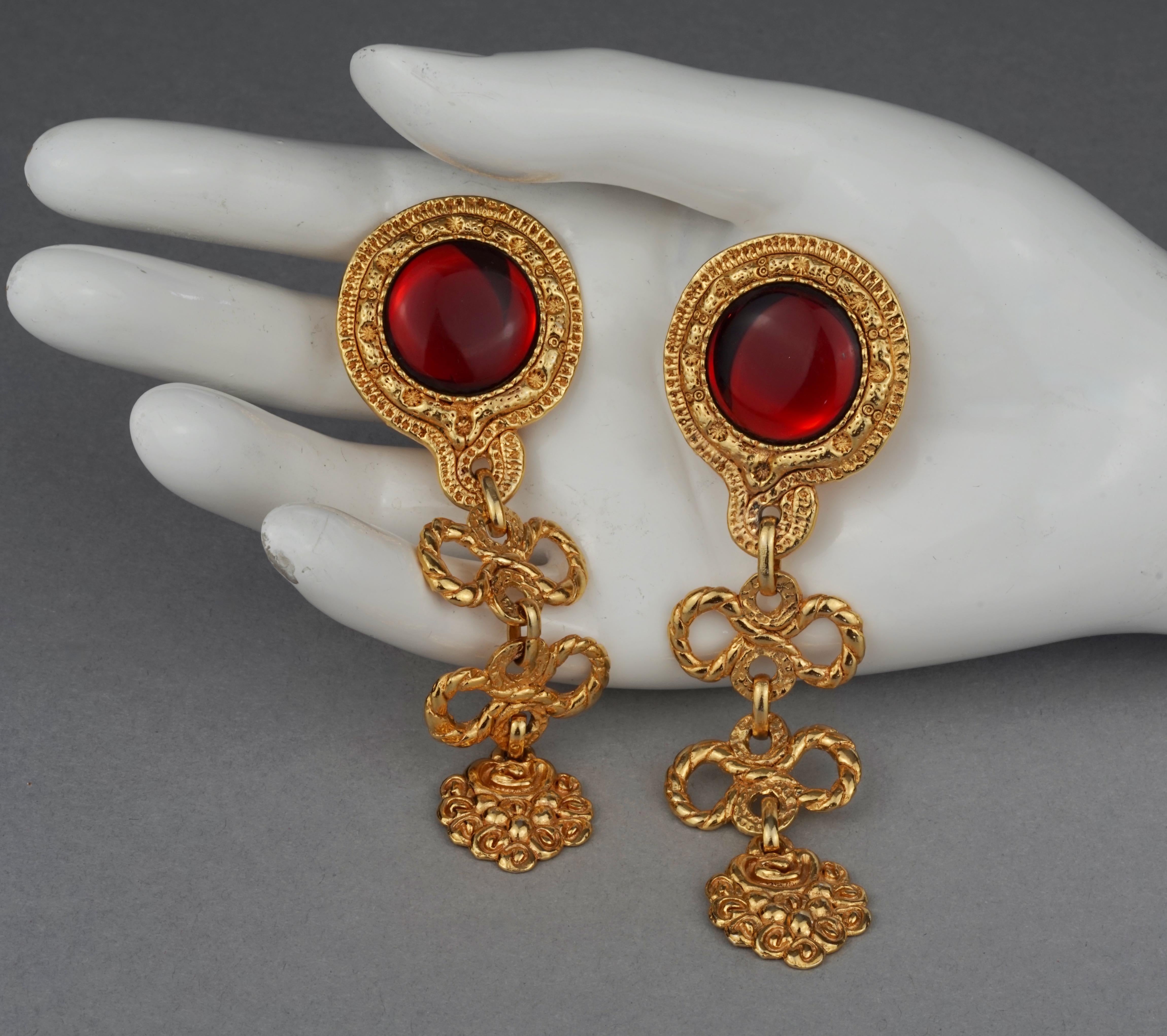 Vintage French Baroque Red Cabochon Tiered Bows Dangling Earrings 5