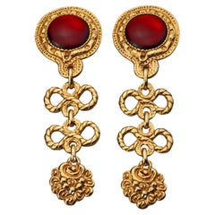 Vintage French Baroque Red Cabochon Tiered Bows Dangling Earrings