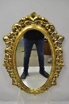 Vintage French Baroque Rococo Style Gold Carved Wood Giltwood Oval Wall Mirror