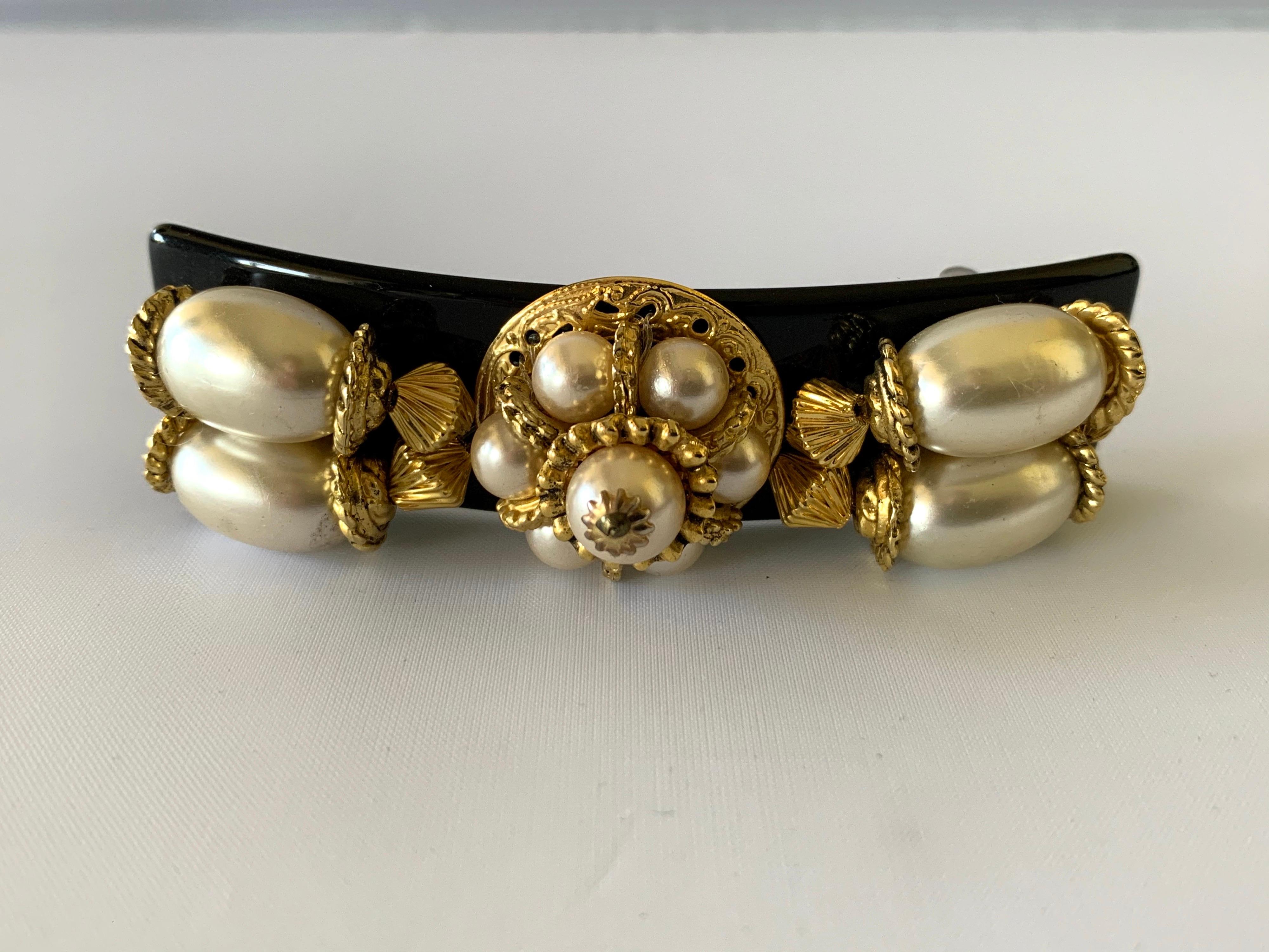 Vintage French Baroque Style Gold and Pearl Hair Barrette 