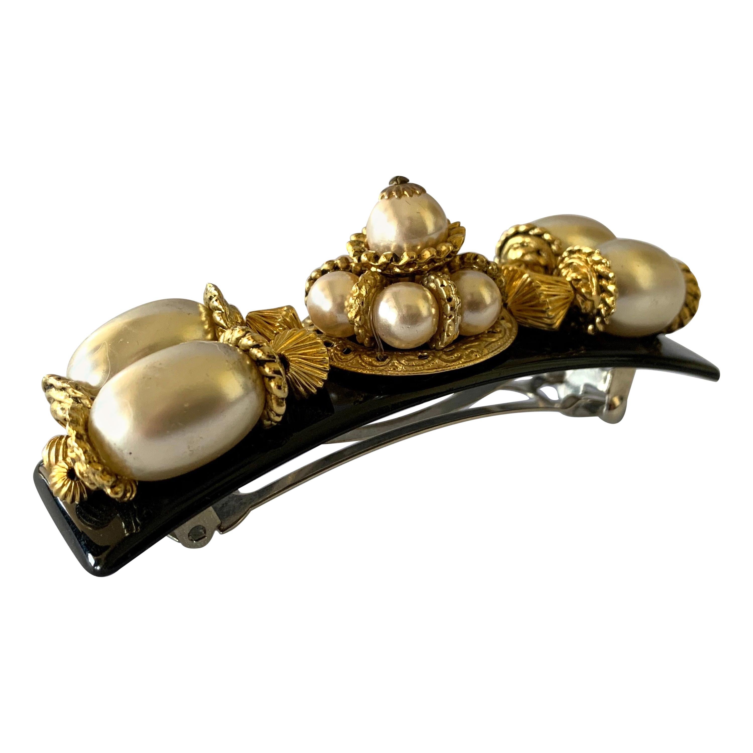 Vintage French Baroque Style Gold and Pearl Hair Barrette "Hair Clip"