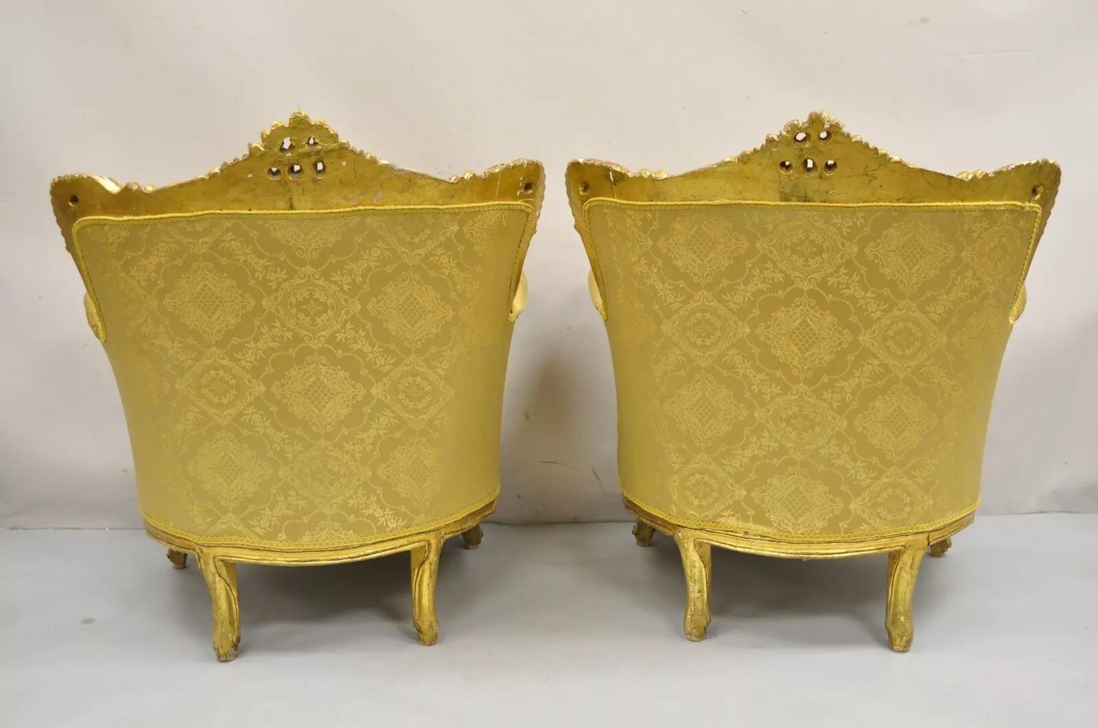 Vintage French Baroque Style Gold Giltwood Upholstered Bergere Club Chair - Pair For Sale 4