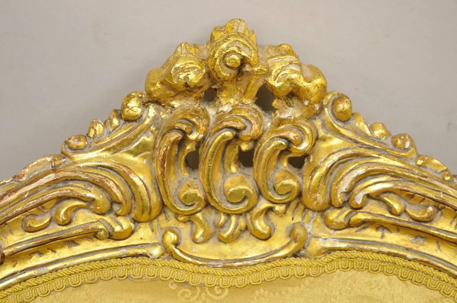 Vintage French Baroque Style Gold Giltwood Upholstered Bergere Club Chair - Pair For Sale 6