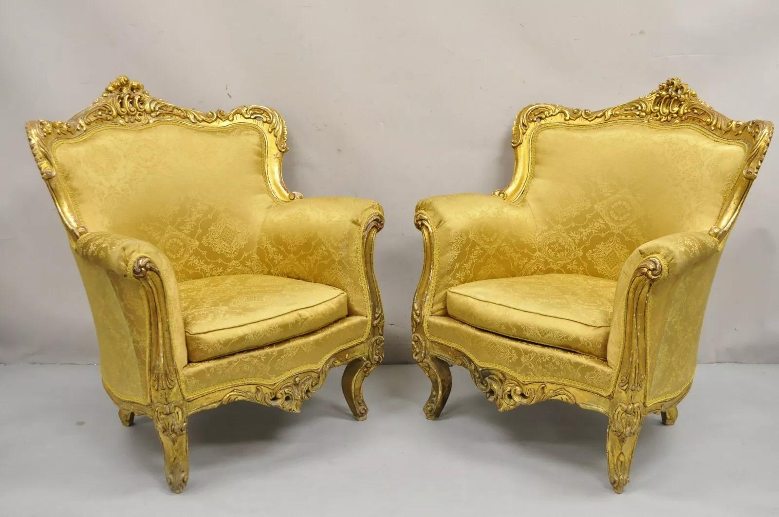 Vintage French Baroque/Louis XV Style Carved Gold Giltwood Upholstered Bergere Club Chairs - a Pair. Circa Late 20th Century. Measurements: 38