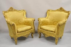 Vintage French Baroque Style Gold Giltwood Upholstered Bergere Club Chair - Pair