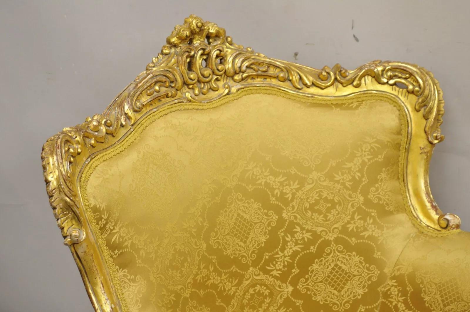 Unknown Vintage French Baroque Style Gold Giltwood Upholstered Bergere Club Chair - Pair For Sale