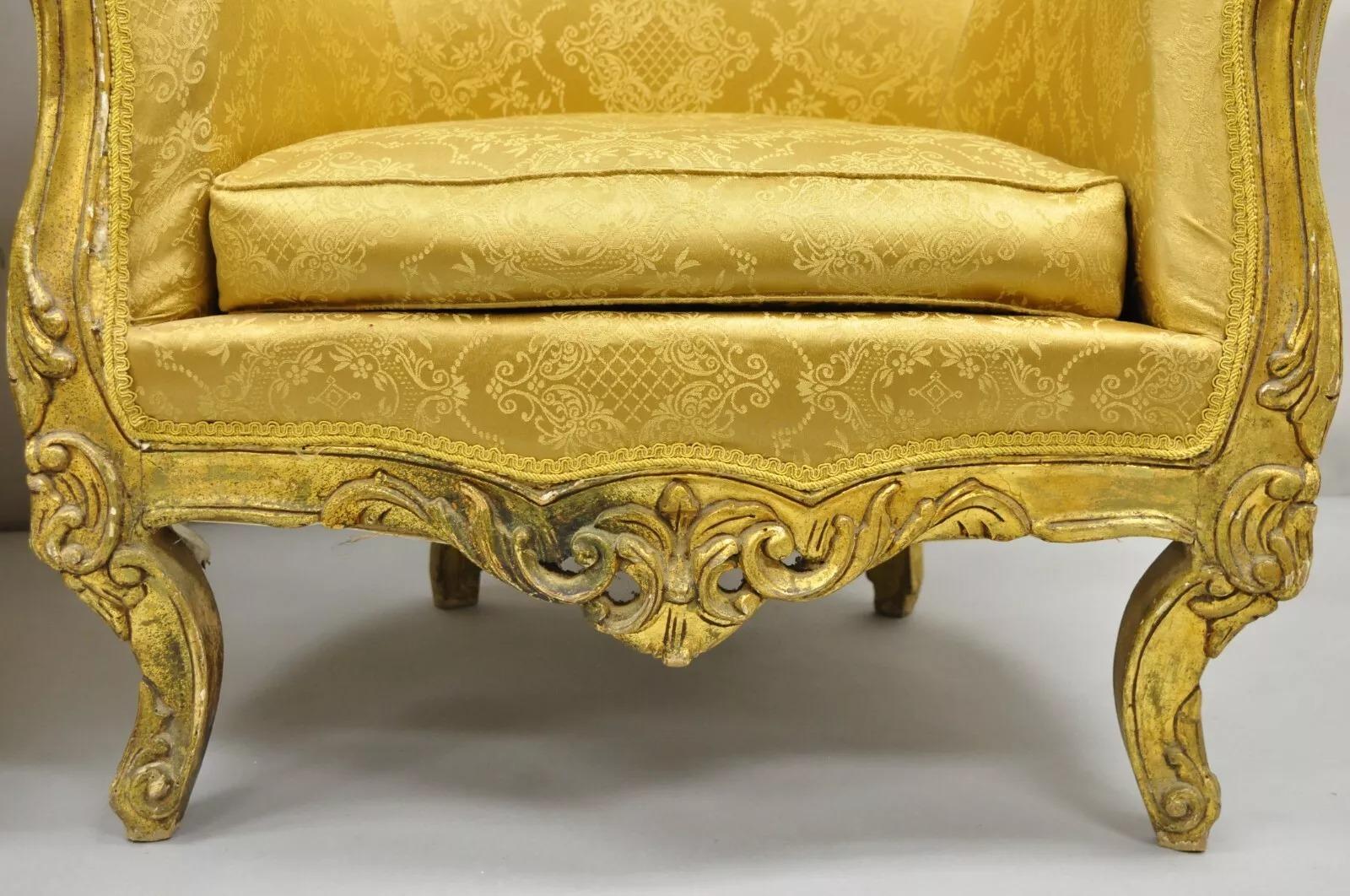 20th Century Vintage French Baroque Style Gold Giltwood Upholstered Bergere Club Chair - Pair For Sale
