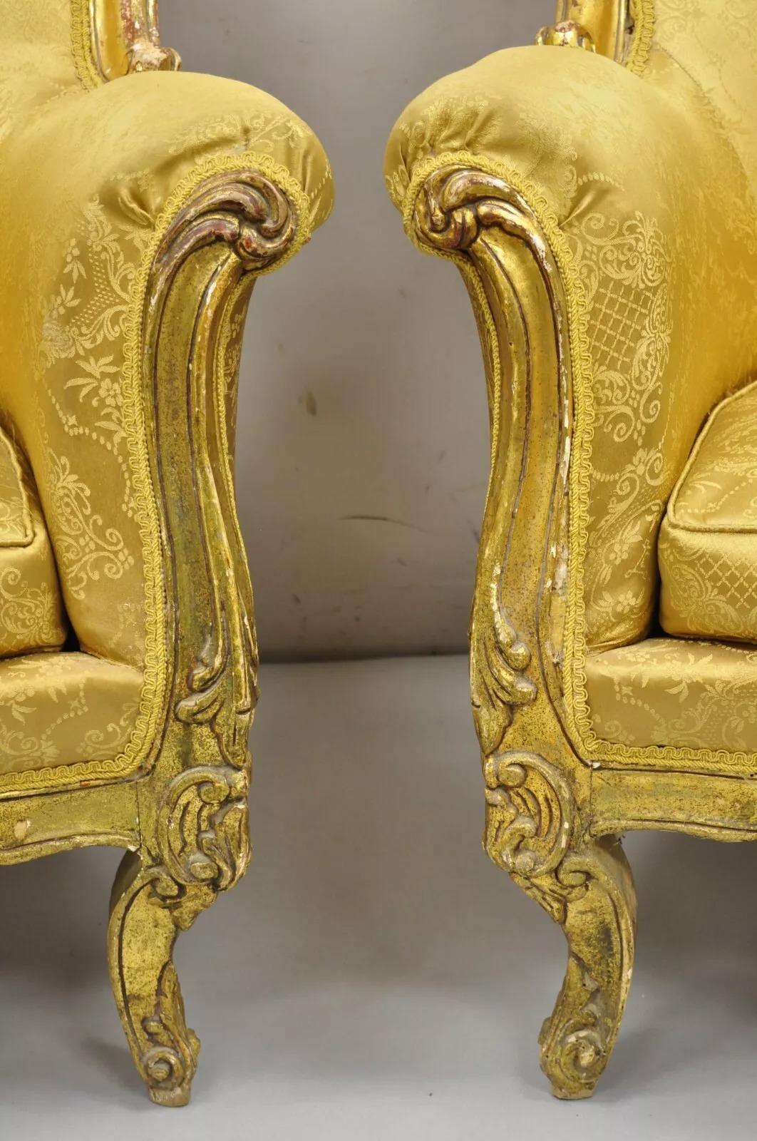 Fabric Vintage French Baroque Style Gold Giltwood Upholstered Bergere Club Chair - Pair For Sale