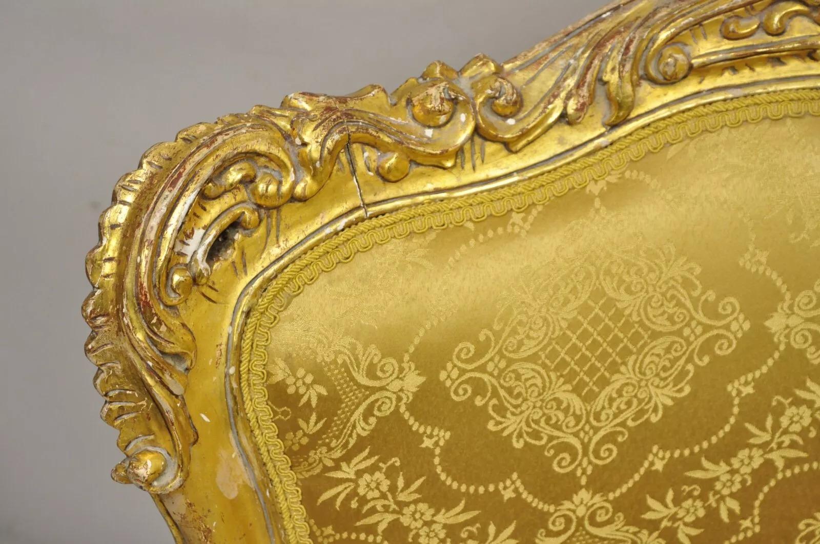 Vintage French Baroque Style Gold Giltwood Upholstered Bergere Club Chair - Pair For Sale 1