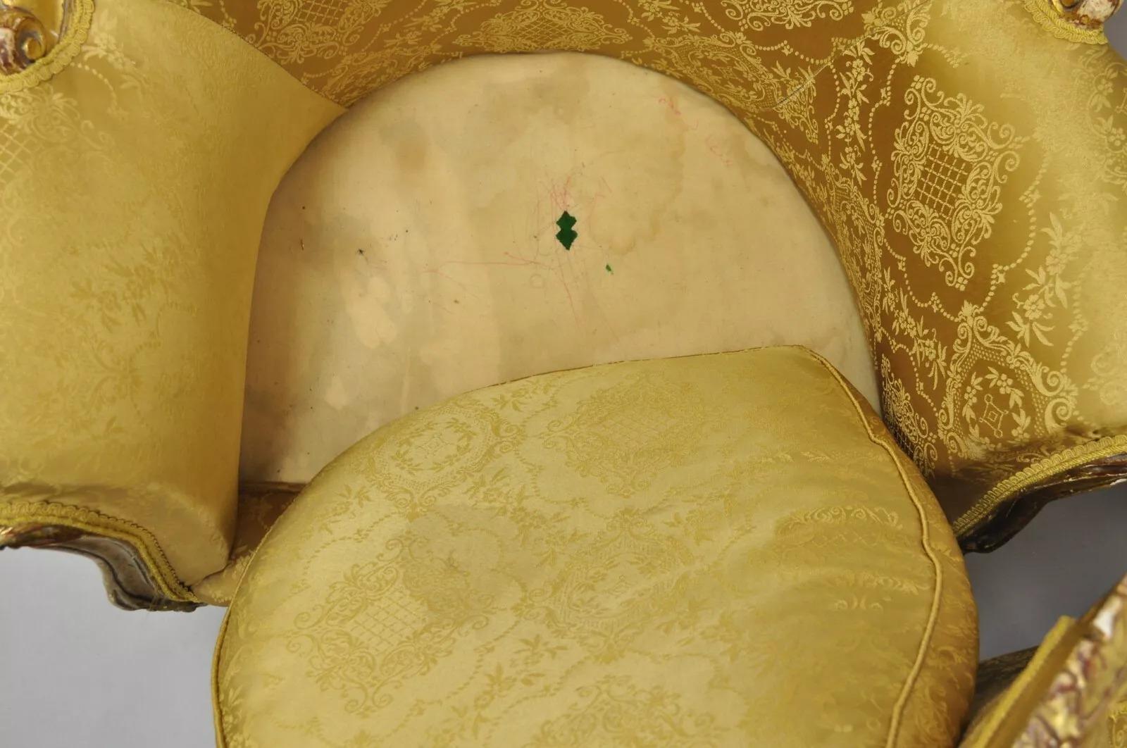 Vintage French Baroque Style Gold Giltwood Upholstered Bergere Club Chair - Pair For Sale 2