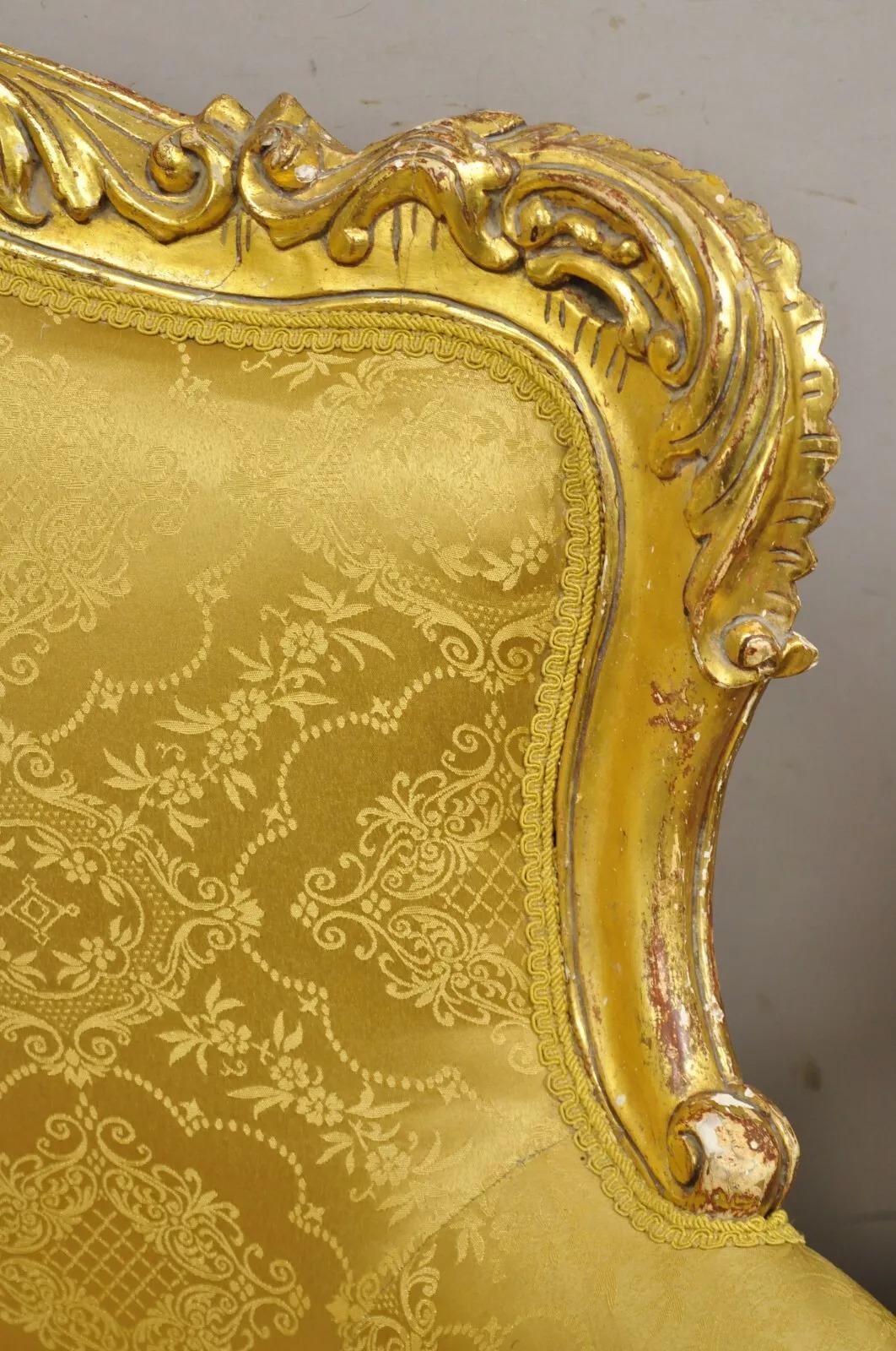 Vintage French Baroque Style Gold Giltwood Upholstered Bergere Club Chair - Pair For Sale 3