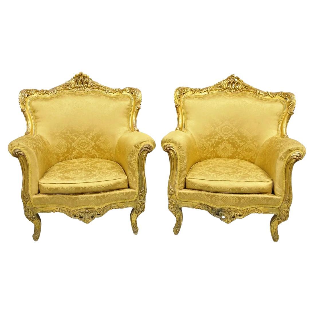 Vintage French Baroque Style Gold Giltwood Upholstered Bergere Club Chair - Pair