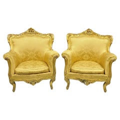 Vintage French Baroque Style Gold Giltwood Upholstered Bergere Club Chair - Pair
