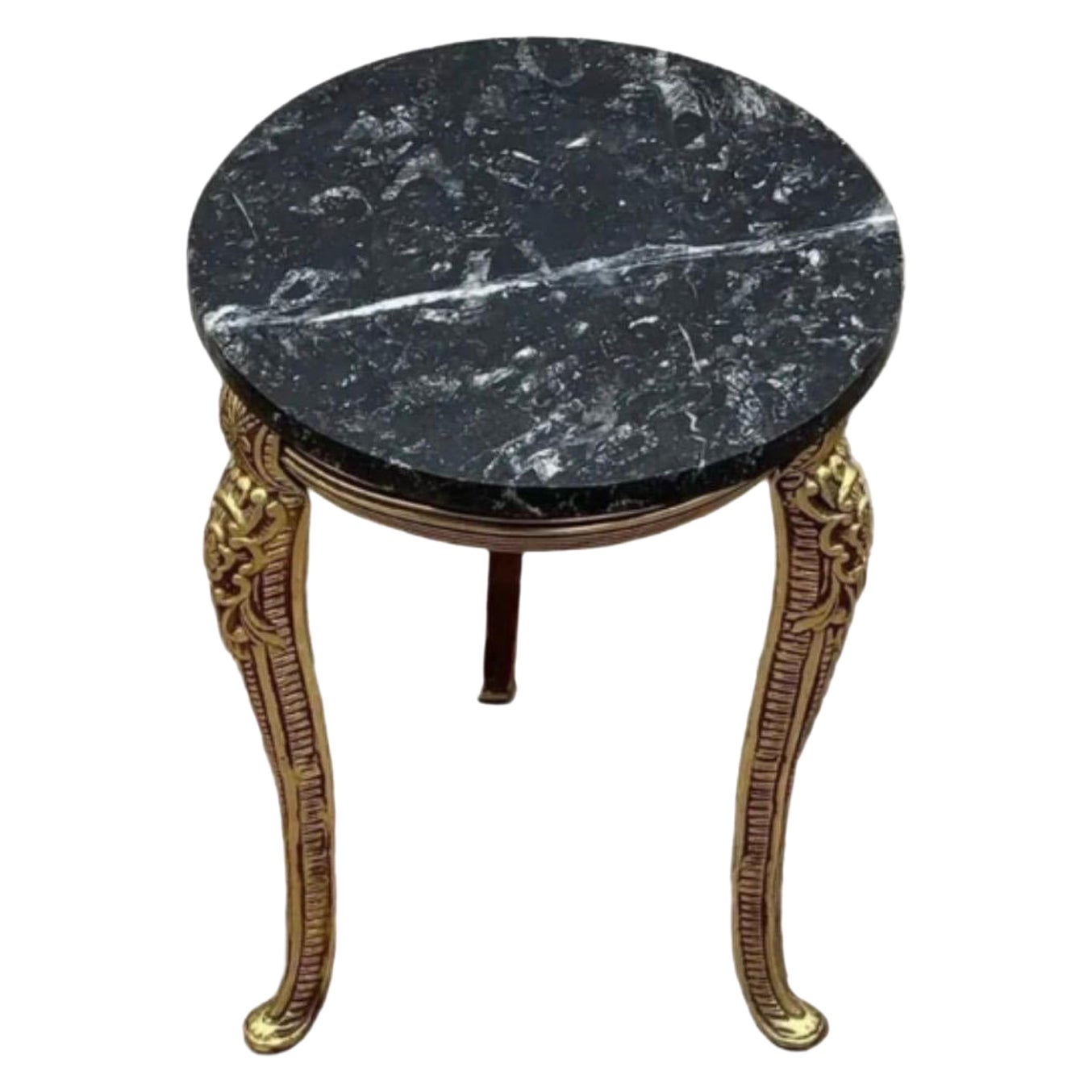 Vintage French Baroque Style Ornate Gilt-Bronze Round Marble Top Side Table For Sale