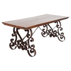 Vintage French Baroque Style Walnut Table with Wrought Iron Base