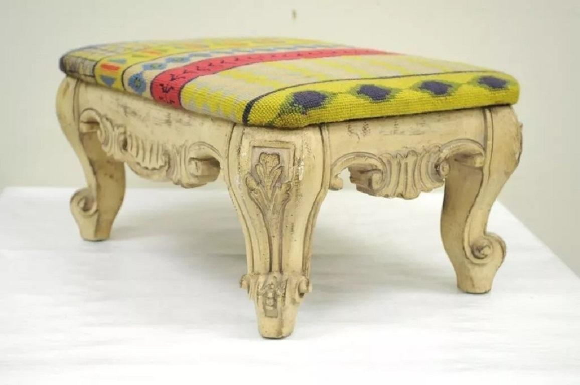 Vintage French Baroque Style Wooden Distress White Painted Footstool Ottoman. Circa Mid 20th Century. Measurements: 10