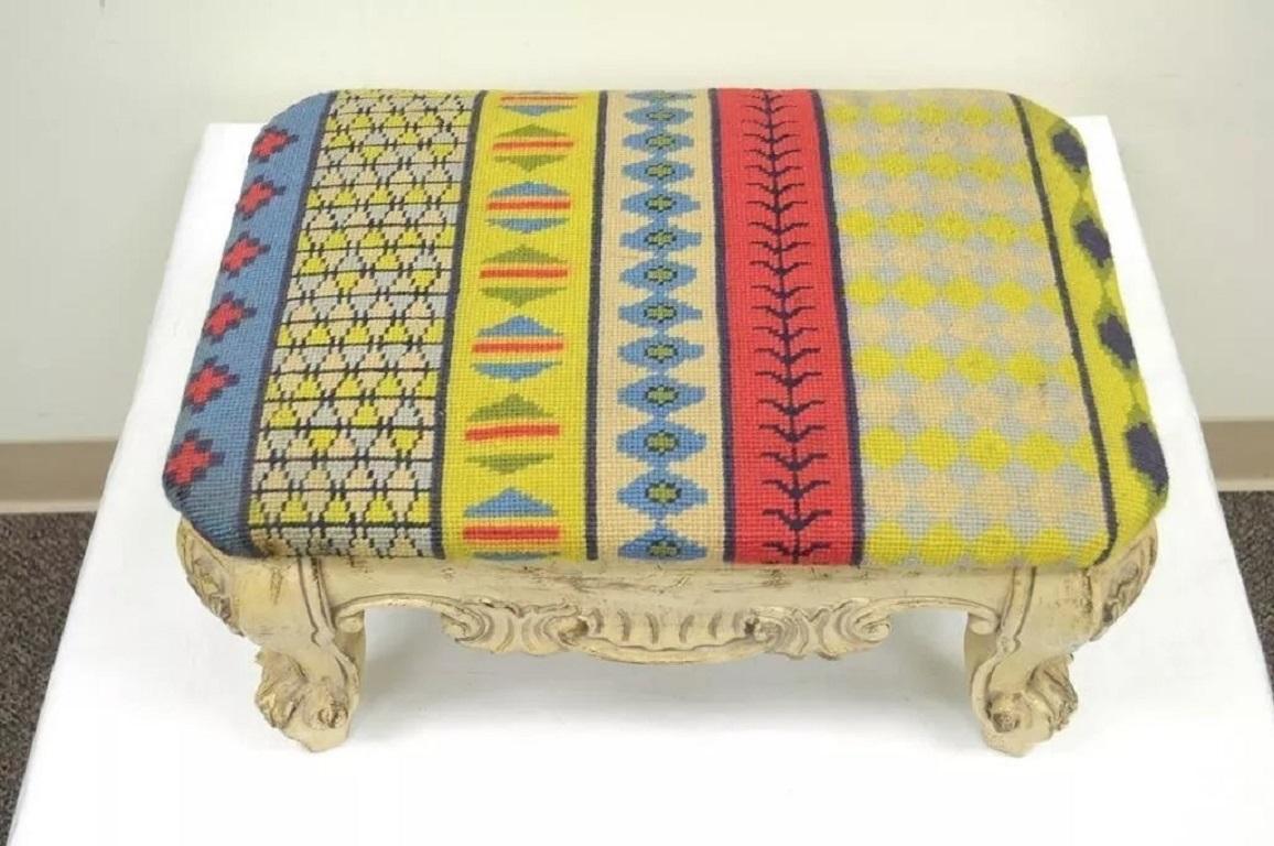 Unknown Vintage French Baroque Style Wooden Distress White Painted Footstool Ottoman For Sale