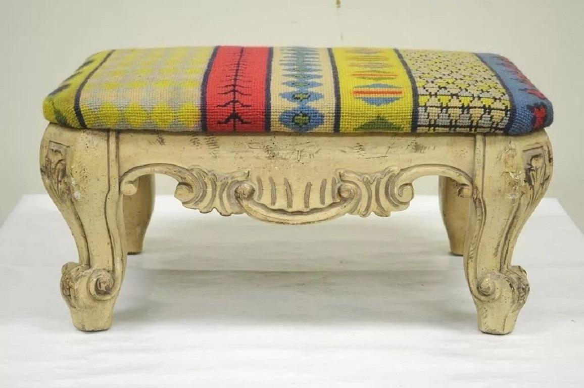 20th Century Vintage French Baroque Style Wooden Distress White Painted Footstool Ottoman For Sale