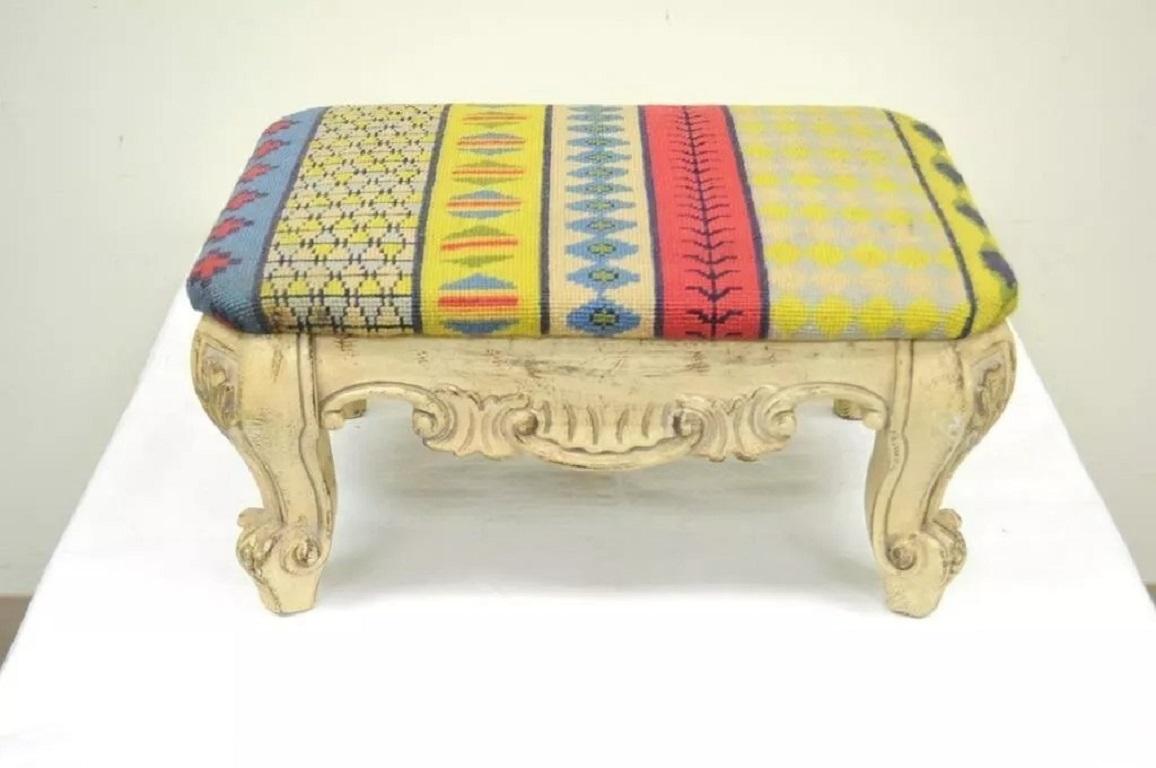 Vintage French Baroque Style Wooden Distress White Painted Footstool Ottoman For Sale 2