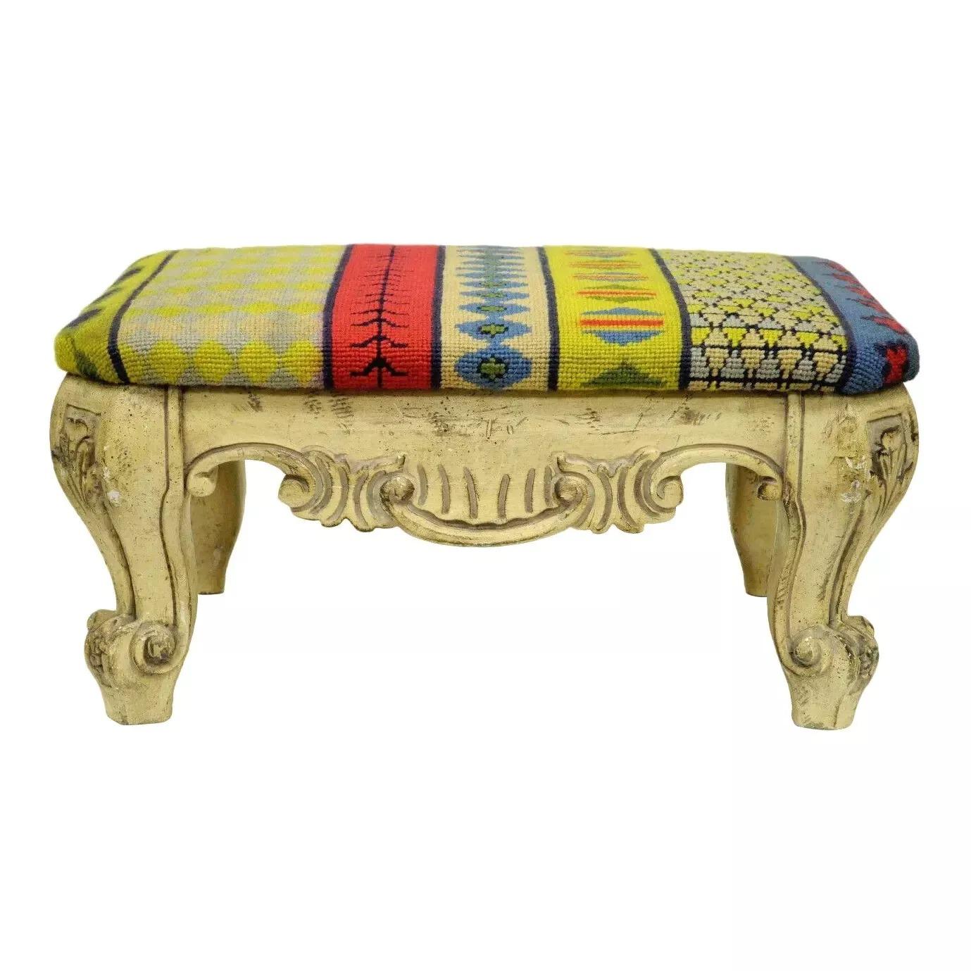 Vintage French Baroque Style Wooden Distress White Painted Footstool Ottoman For Sale 3