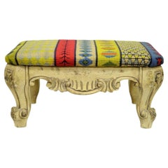 Vintage French Baroque Style Wooden Distress White Painted Footstool Ottoman