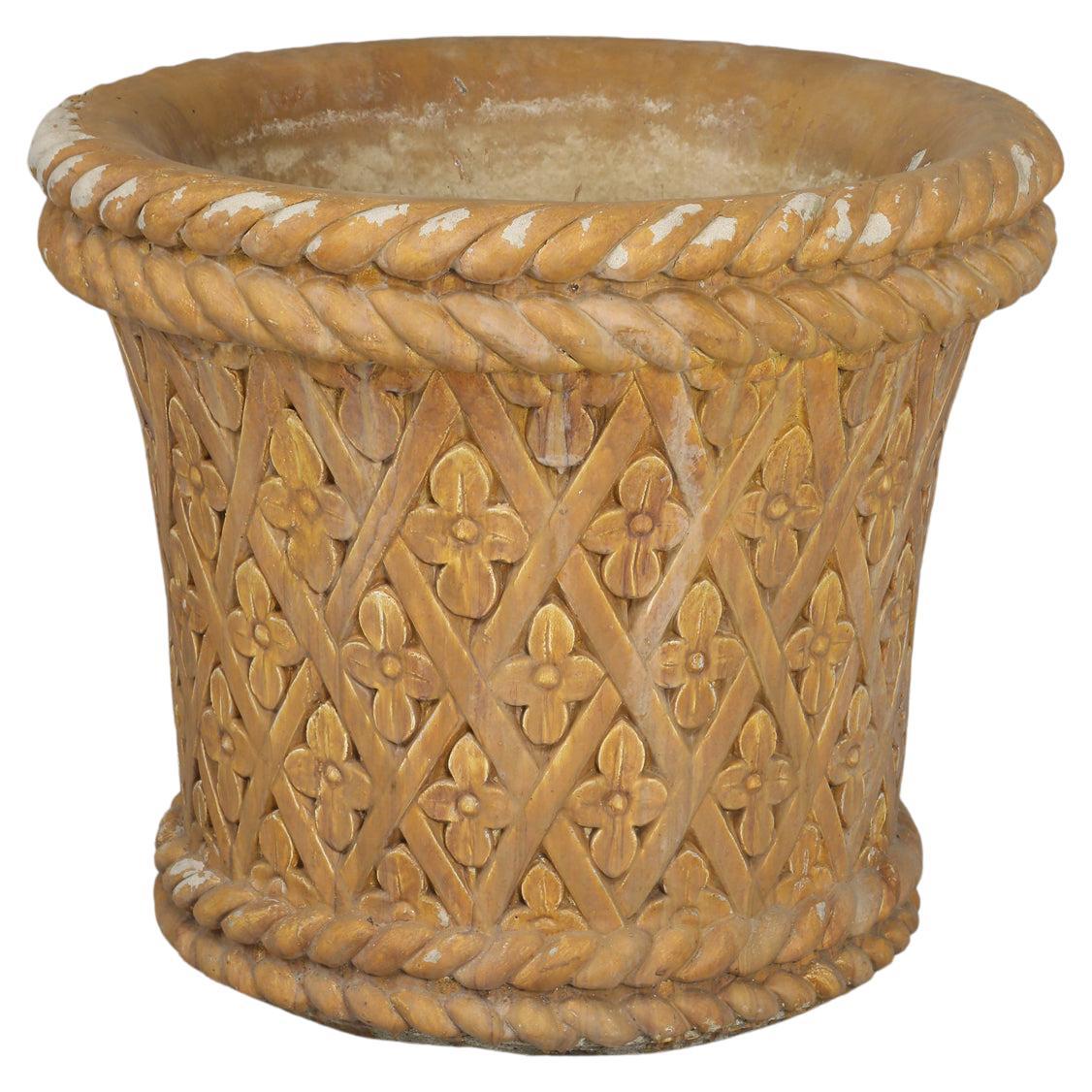 Vintage French Basketweave Concrete Planter Extremely Heavy and Survives Winters For Sale