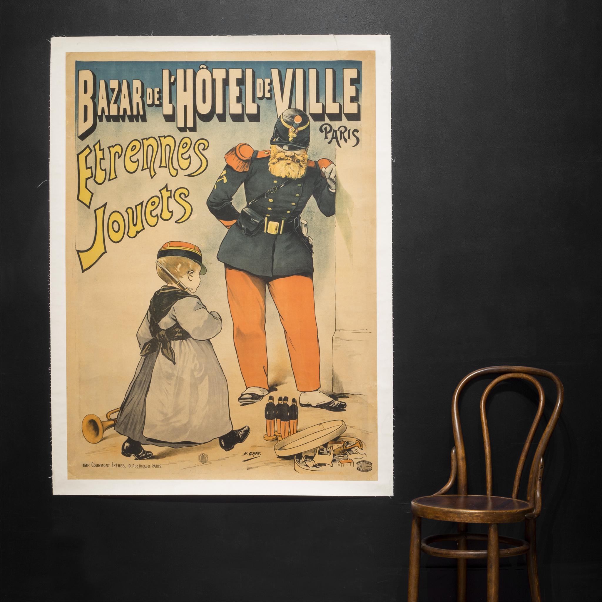 About

This is an original vintage lithograph poster depicting the sale of toys and New Year?s gifts at the Bazar of the City Hall of Paris. This poster is not a reproduction. It is conservation mounted, linen backed, and in excellent