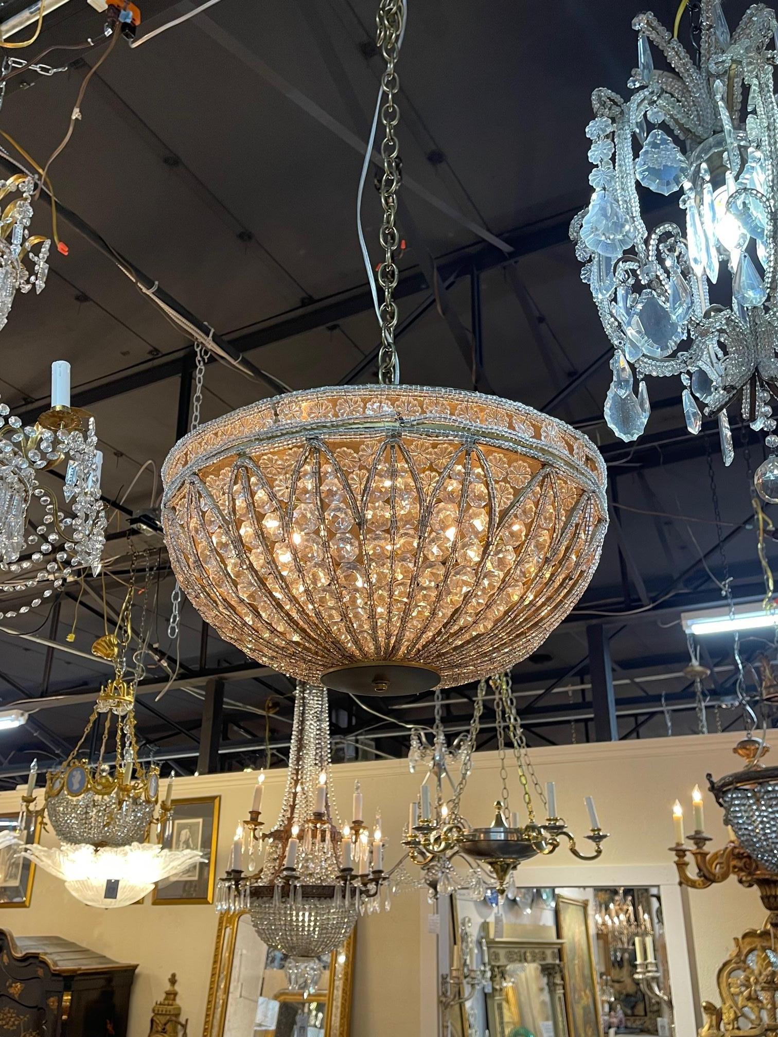 Stunning vintage French crystal bowl chandelier. Beautiful flower crystals and beads. Creates a lovely image. So pretty!!