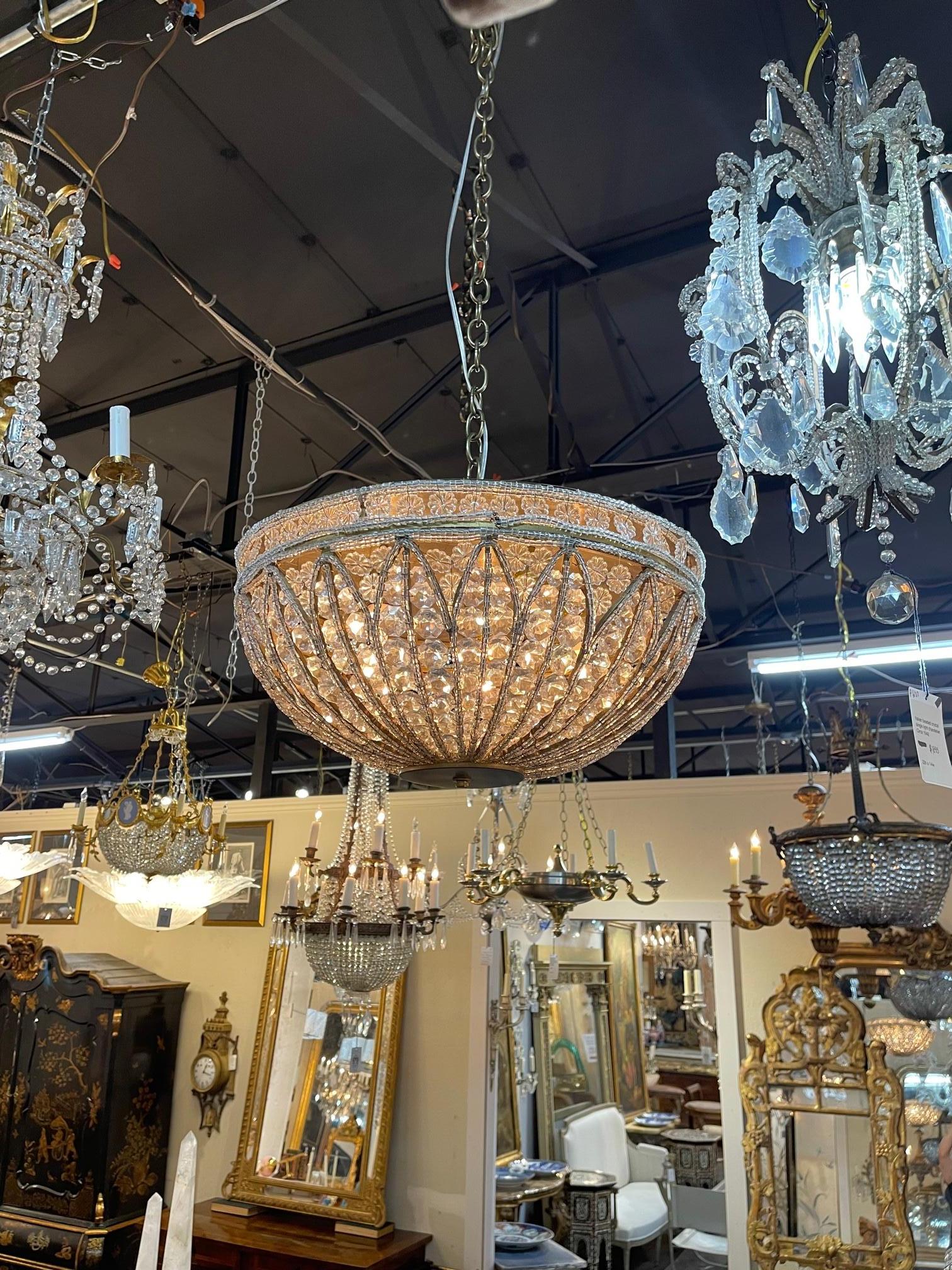 Vintage French Beaded Crystal Bowl Flush Mount Chandelier In Good Condition In Dallas, TX