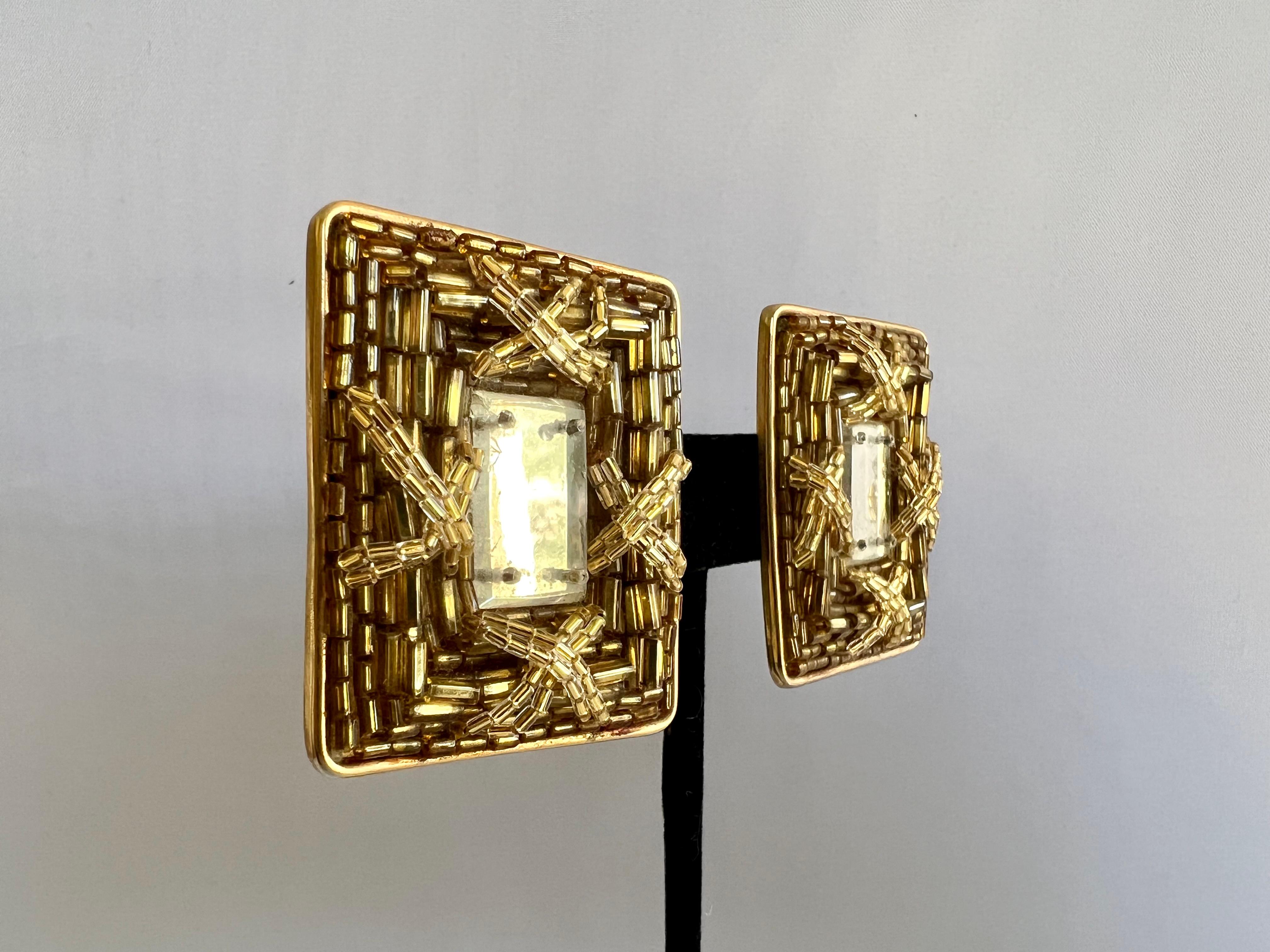 Scarce artisan vintage Lesage Paris clip-on earrings with inset mirrors, handcrafted and beaded in France.
