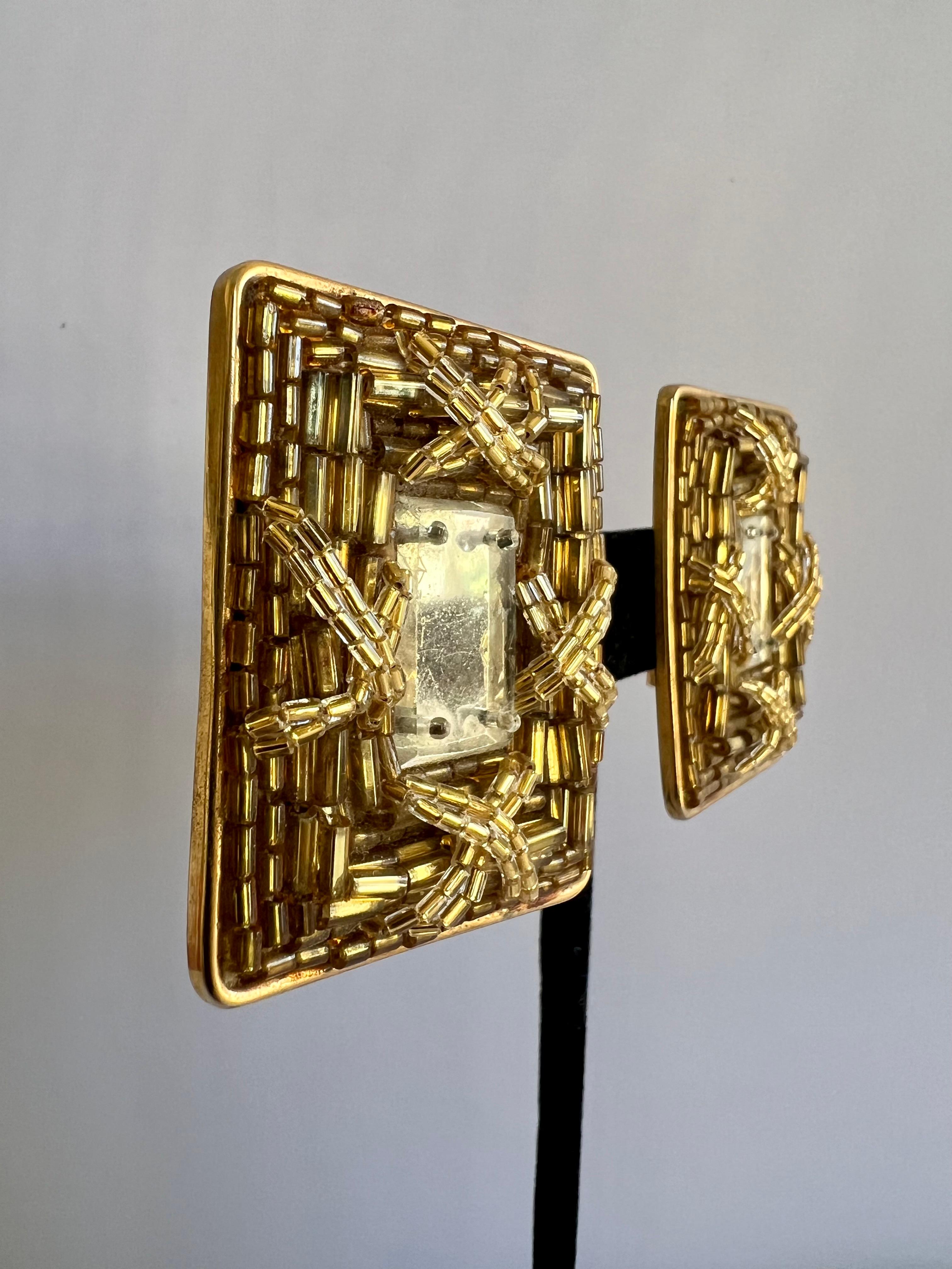 Artisan Vintage French Beaded Gold Mirror Lesage Paris Earrings 